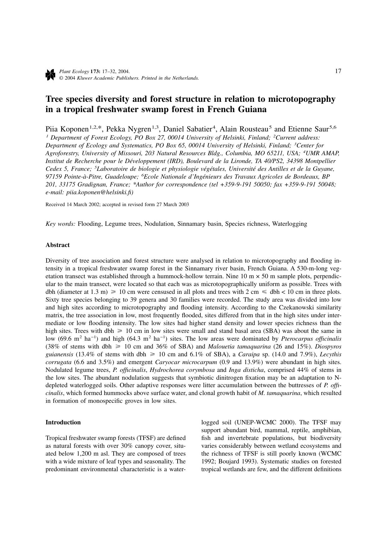 Tree species diversity and forest structure in relation to microtopography in a tropical freshwater swamp forest in French Guiana by Unknown