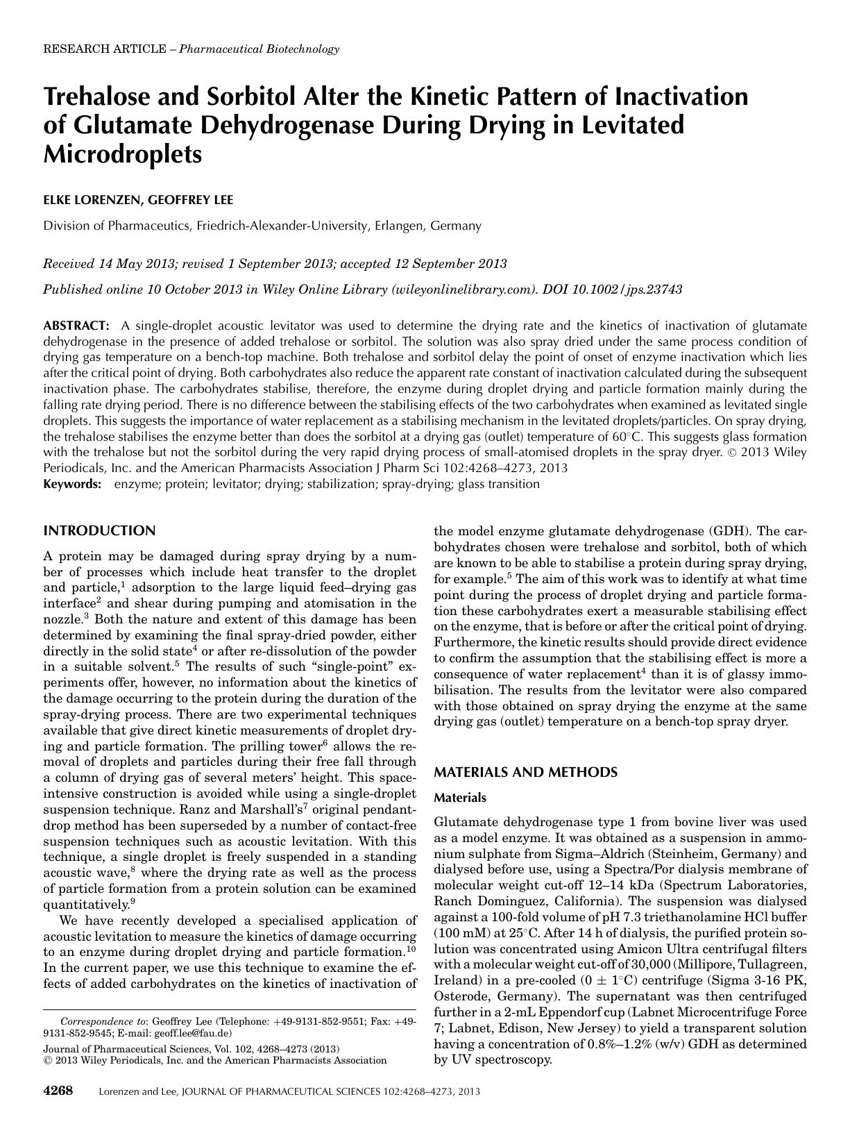 Trehalose and Sorbitol Alter the Kinetic Pattern of Inactivation of Glutamate Dehydrogenase During Drying in Levitated Microdroplets by Unknown