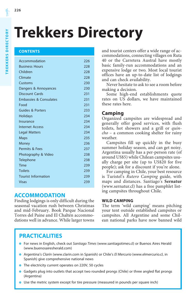 Trekking in the Patagonian Andes - Trekkers Directory, Transport & Equipment (Chapter) by Lonely Planet