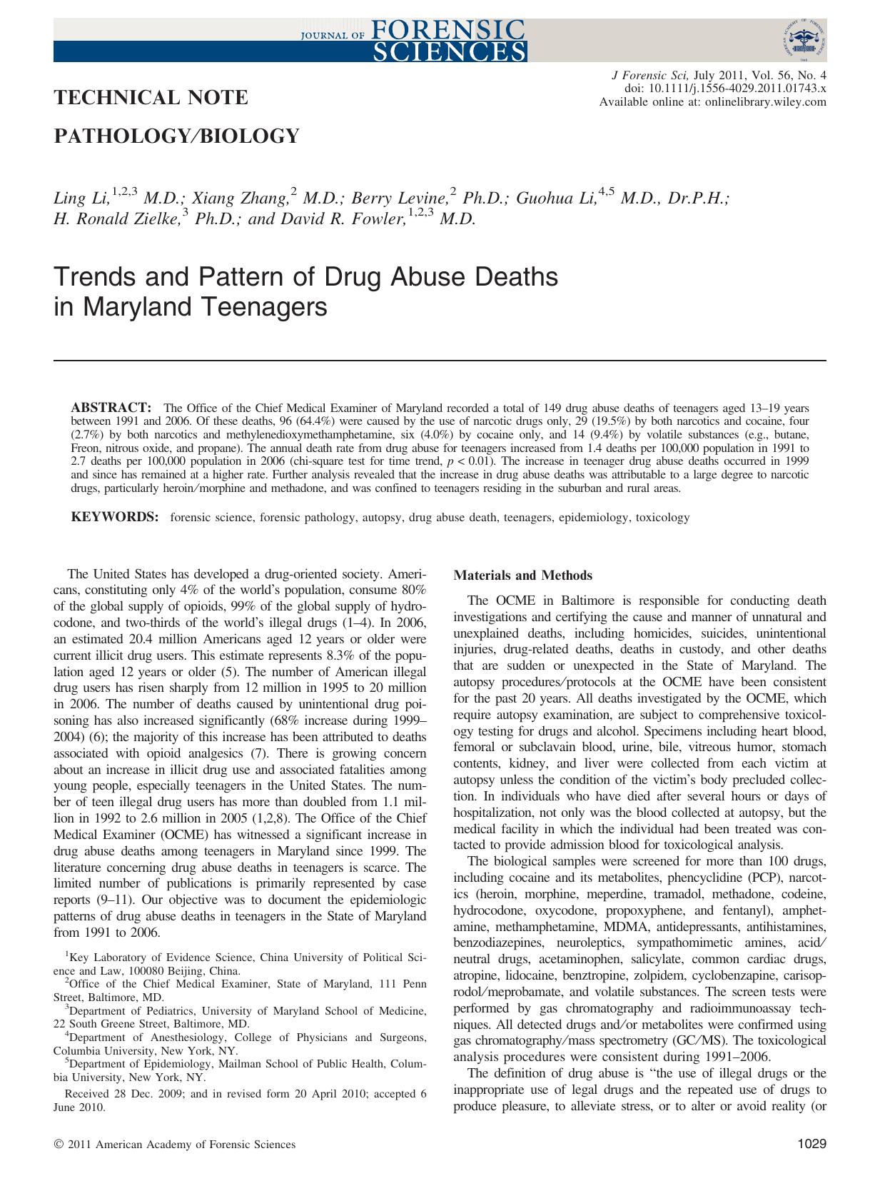 Trends and Pattern of Drug Abuse Deaths in Maryland Teenagers by Unknown