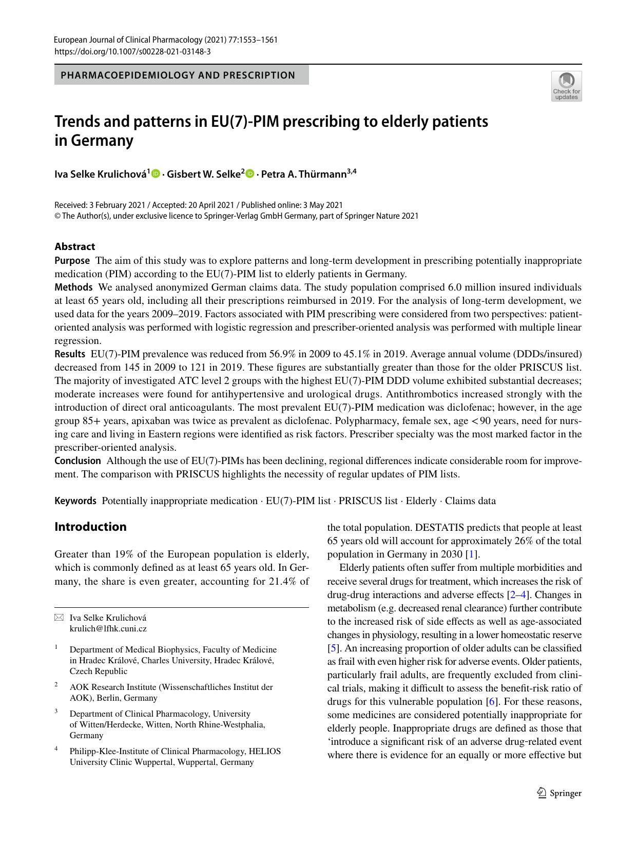 Trends and patterns in EU(7)-PIM prescribing to elderly patients in Germany by Iva Selke Krulichová & Gisbert W. Selke & Petra A. Thürmann
