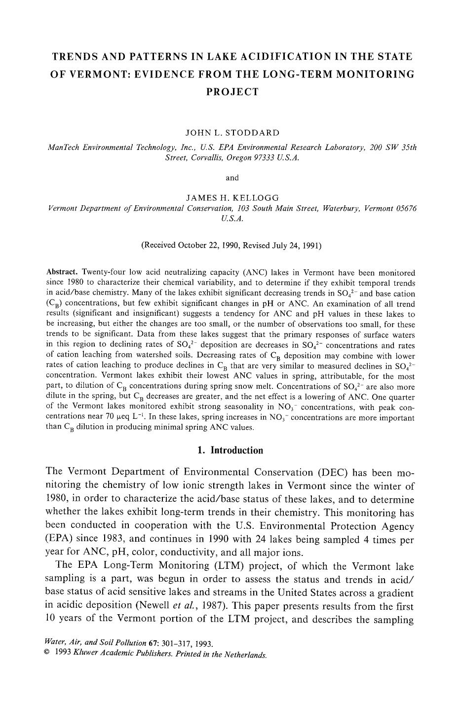 Trends and patterns in lake acidification in the State of Vermont: Evidence from the Long-Term Monitoring Project by Unknown