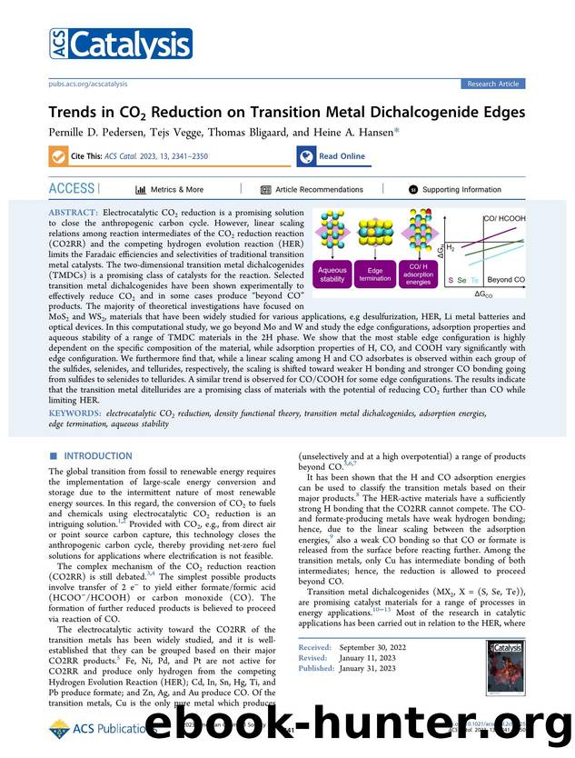 Trends in CO2 Reduction on Transition Metal Dichalcogenide Edges by Pernille D. Pedersen Tejs Vegge Thomas Bligaard and Heine A. Hansen
