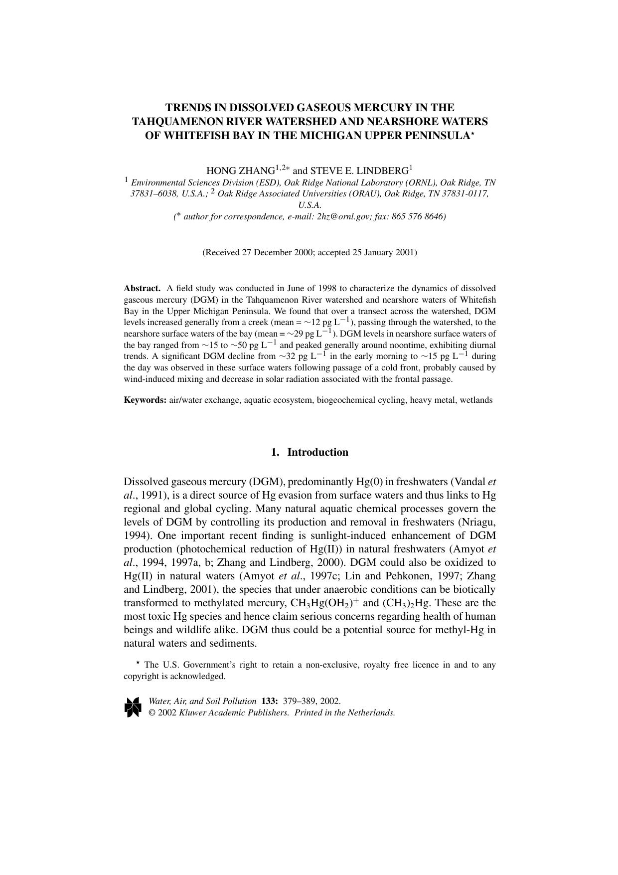 Trends in Dissolved Gaseous Mercury in the Tahquamenon River Watershed and Nearshore Waters of Whitefish Bay in the Michigan Upper Peninsula by Unknown