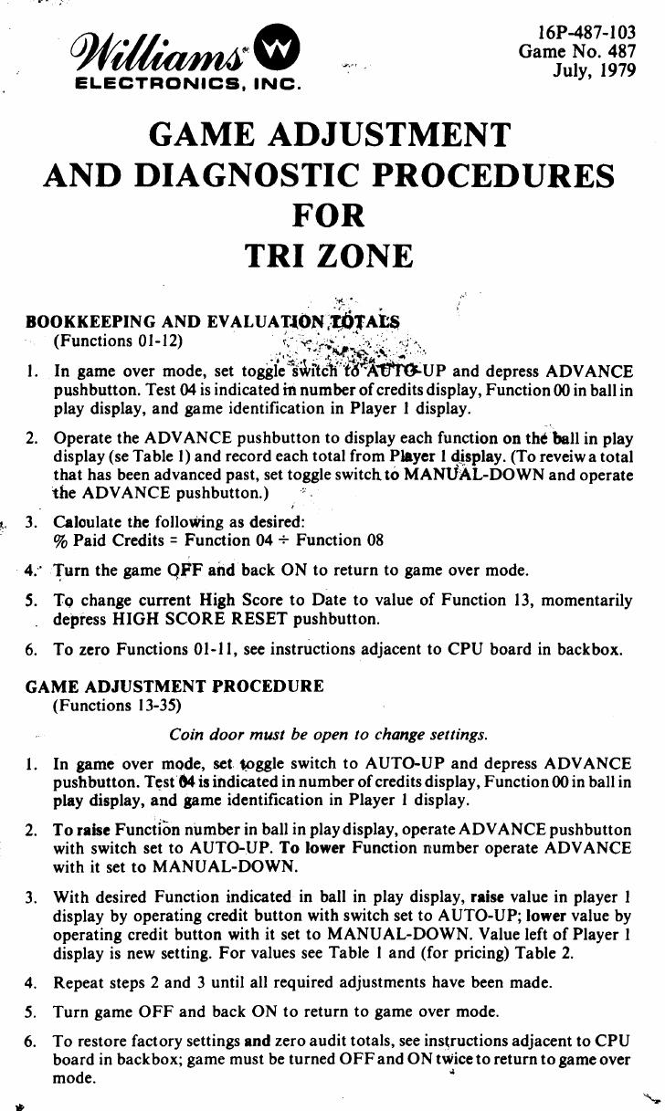 Tri-Zone Adjustments Manual by Williams Electronics Inc
