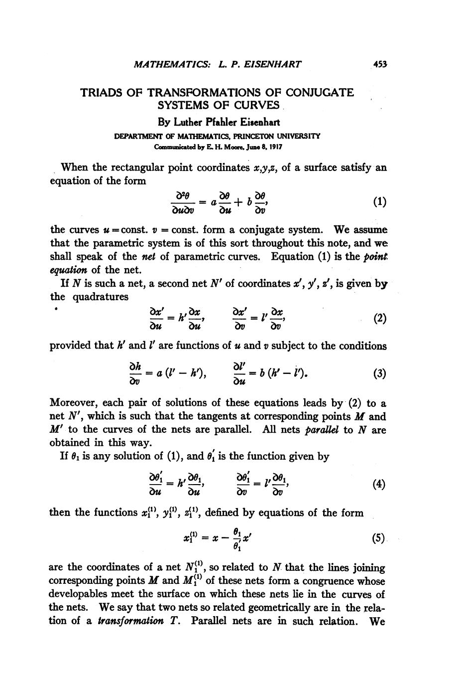 Triads of Transformations of Conjugate Systems of Curves by Eisenhart L.P