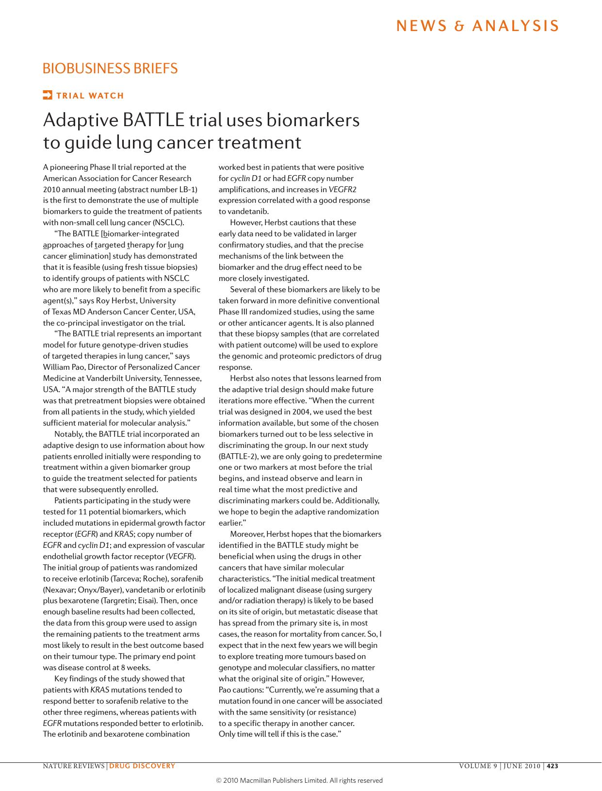 Trial watch: Adaptive BATTLE trial uses biomarkers to guide lung cancer treatment by Unknown