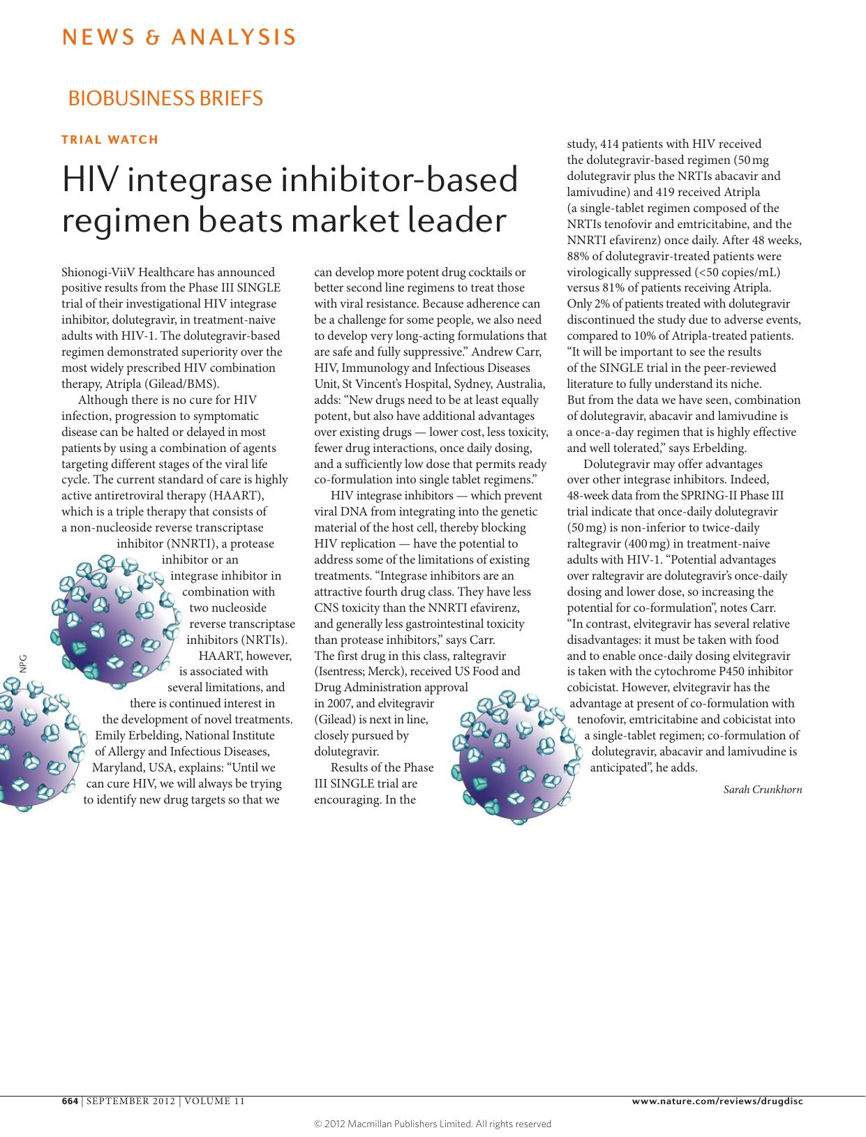 Trial watch: HIV integrase inhibitor-based regimen beats market leader by Sarah Crunkhorn