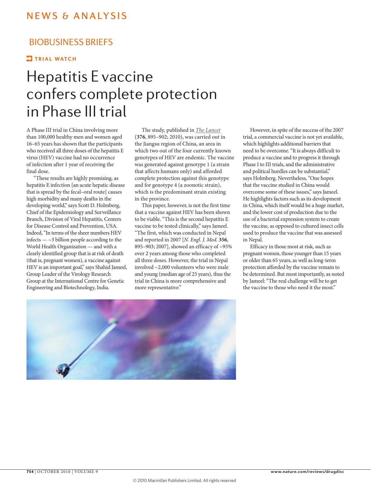 Trial watch: Hepatitis E vaccine confers complete protection in Phase III trial by Unknown