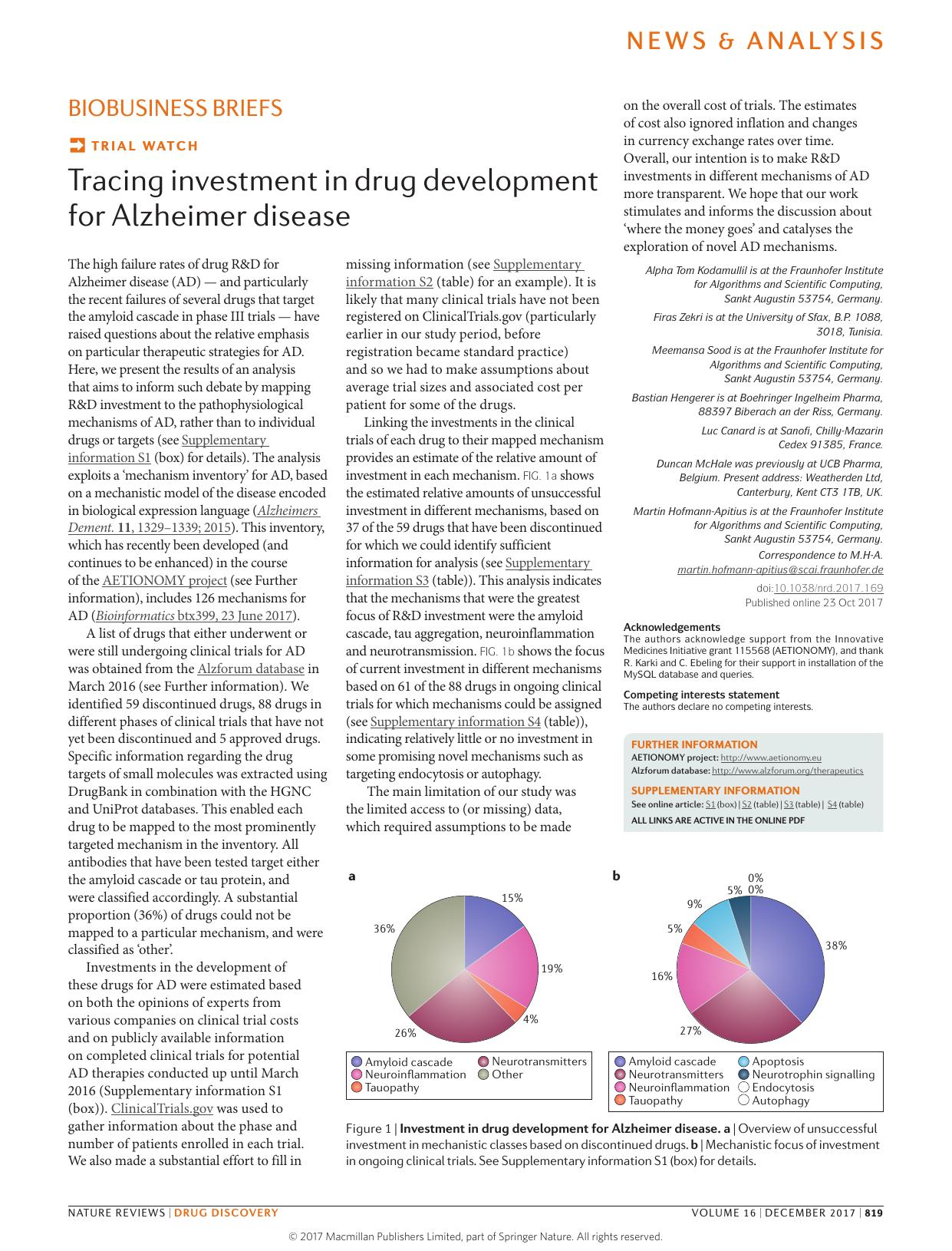 Trial watch: Tracing investment in drug development for Alzheimer disease by unknow