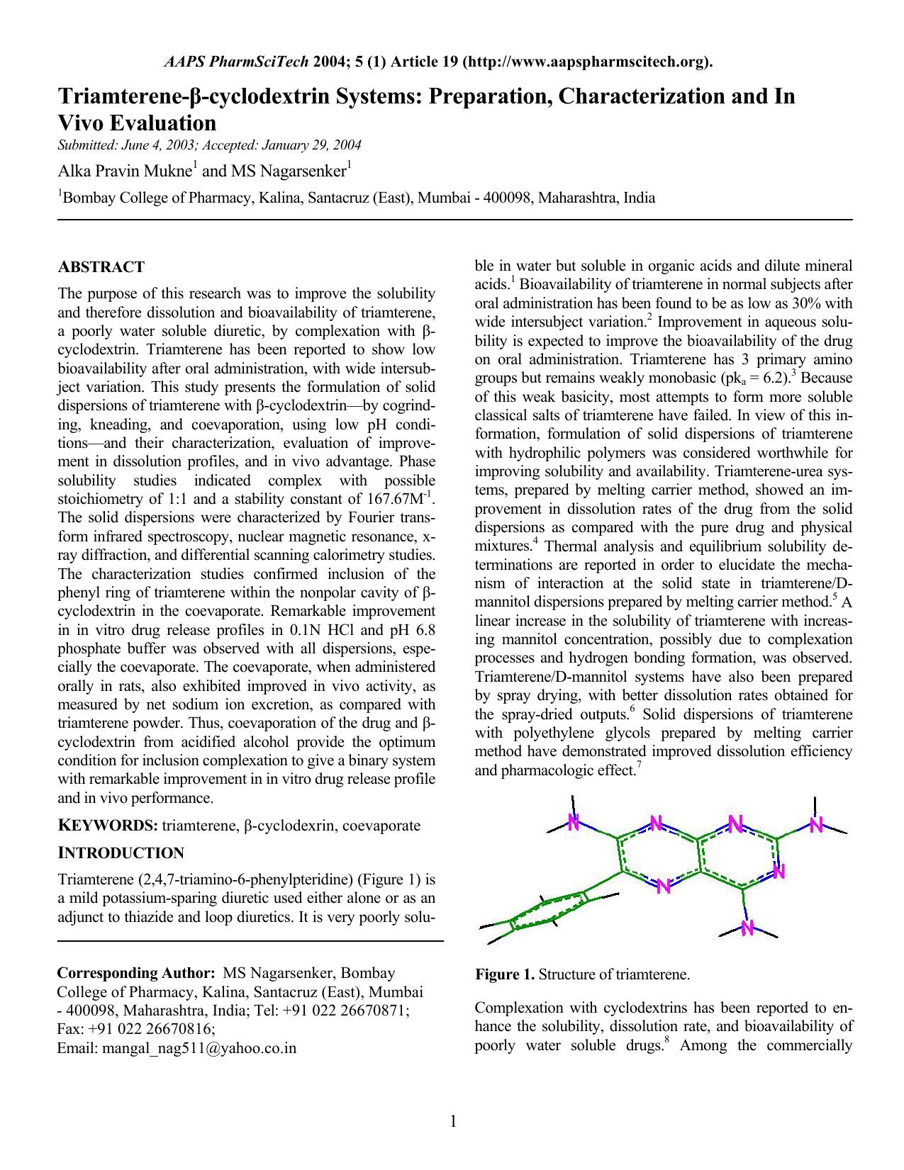 Triamterene-β-cyclodextrin systems: Preparation, characterization and in vivo evaluation by Unknown