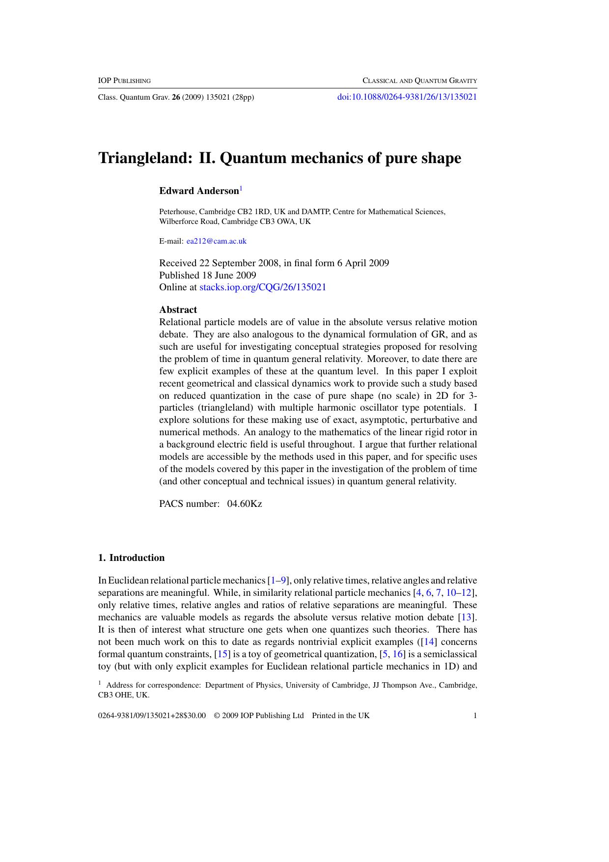 Triangleland: II. Quantum mechanics of pure shape by E Anderson