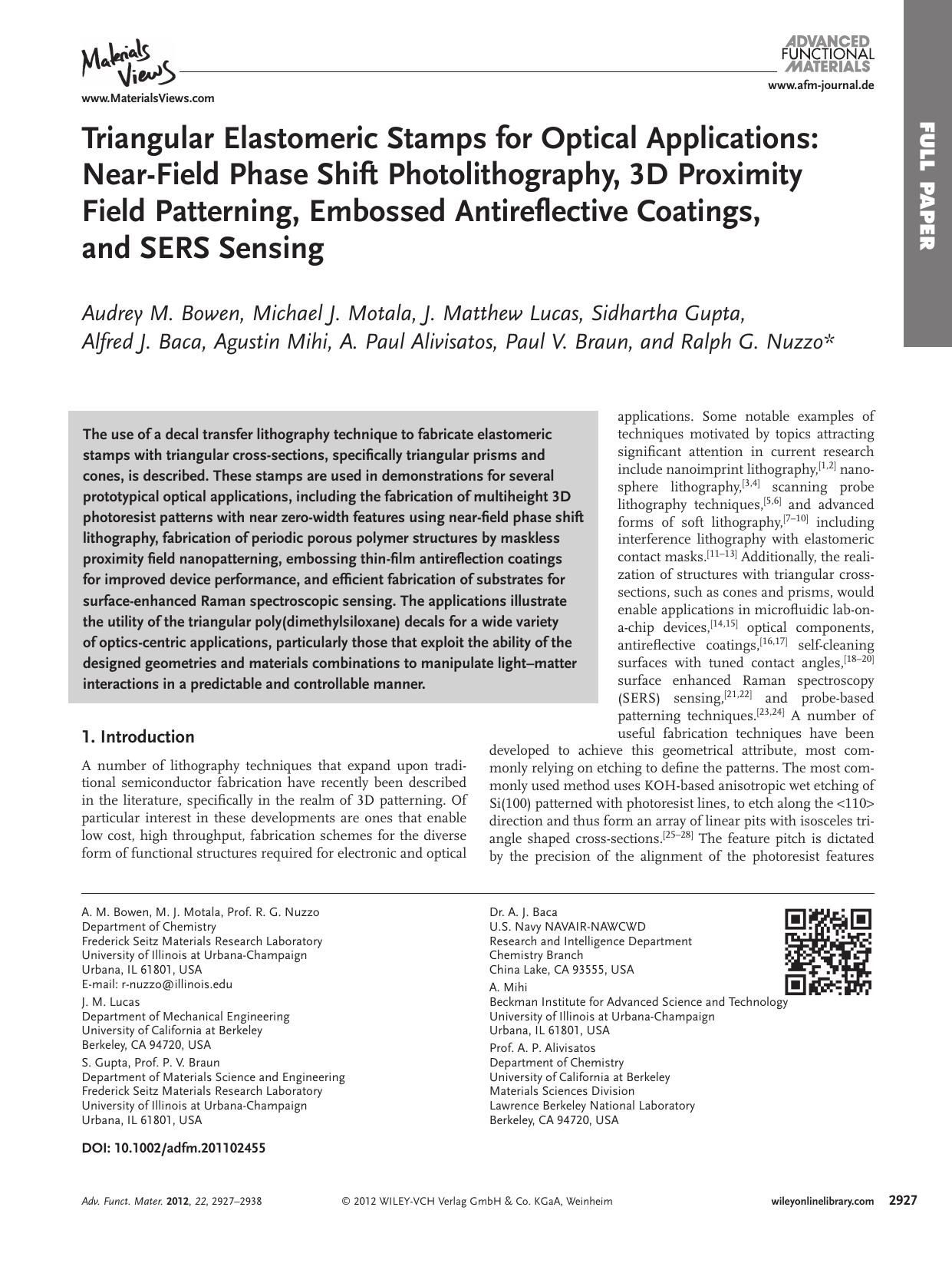 Triangular Elastomeric Stamps for Optical Applications: NearField Phase Shift Photolithography, 3D Proximity Field Patterning, Embossed Antireflective Coatings, and SERS Sensing by vng