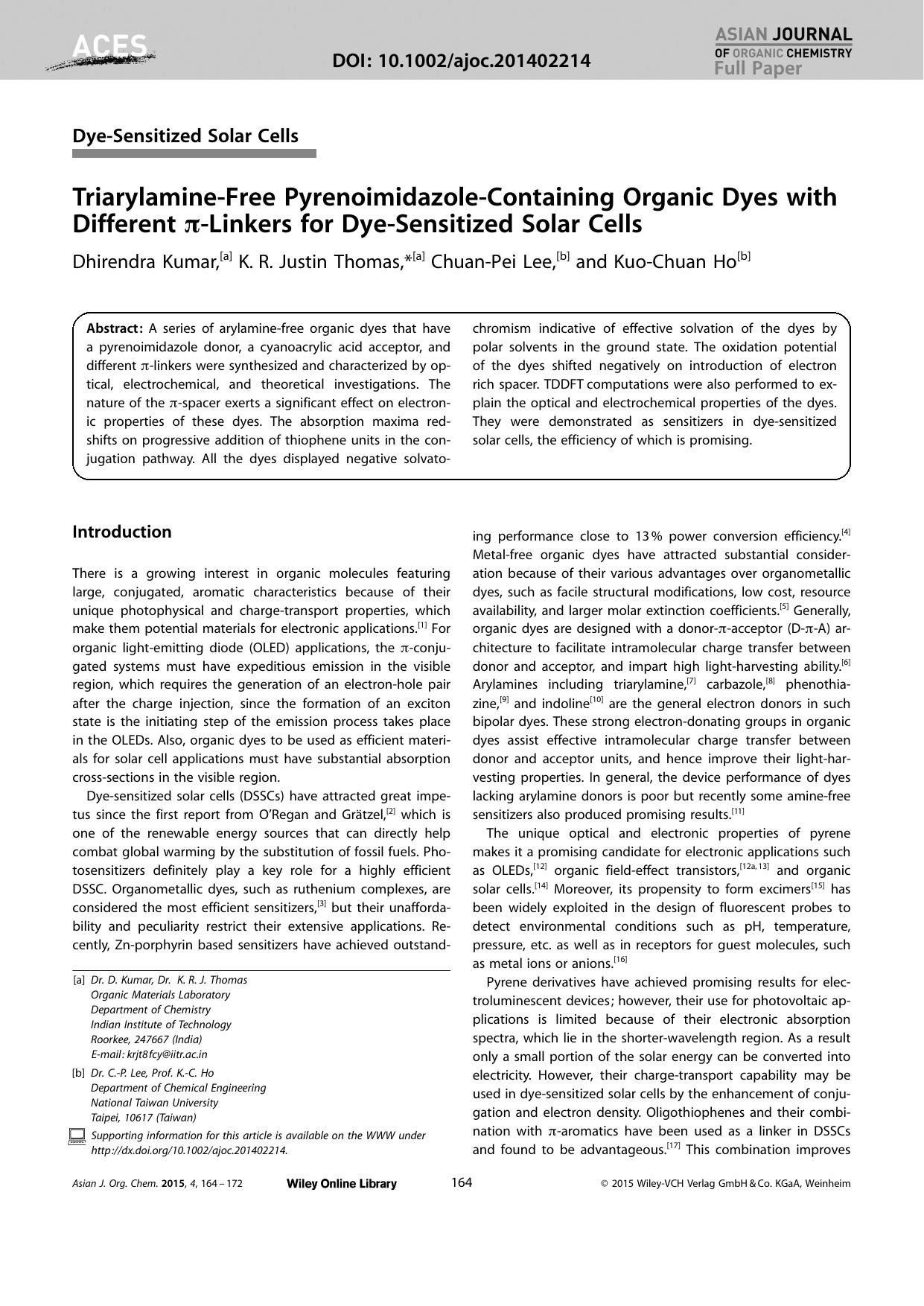 TriarylamineFree PyrenoimidazoleContaining Organic Dyes with Different Linkers for DyeSensitized Solar Cells by Unknown