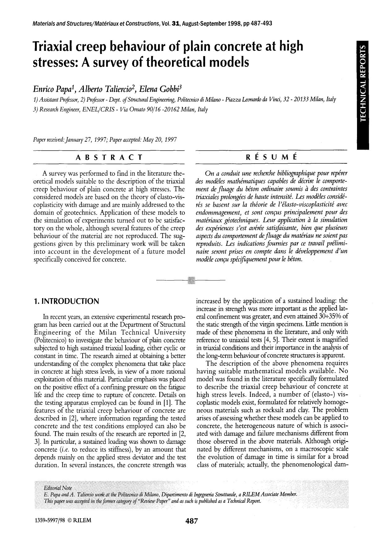 Triaxial creep behaviour of plain concrete at high stresses: A survey of theoretical models by Unknown