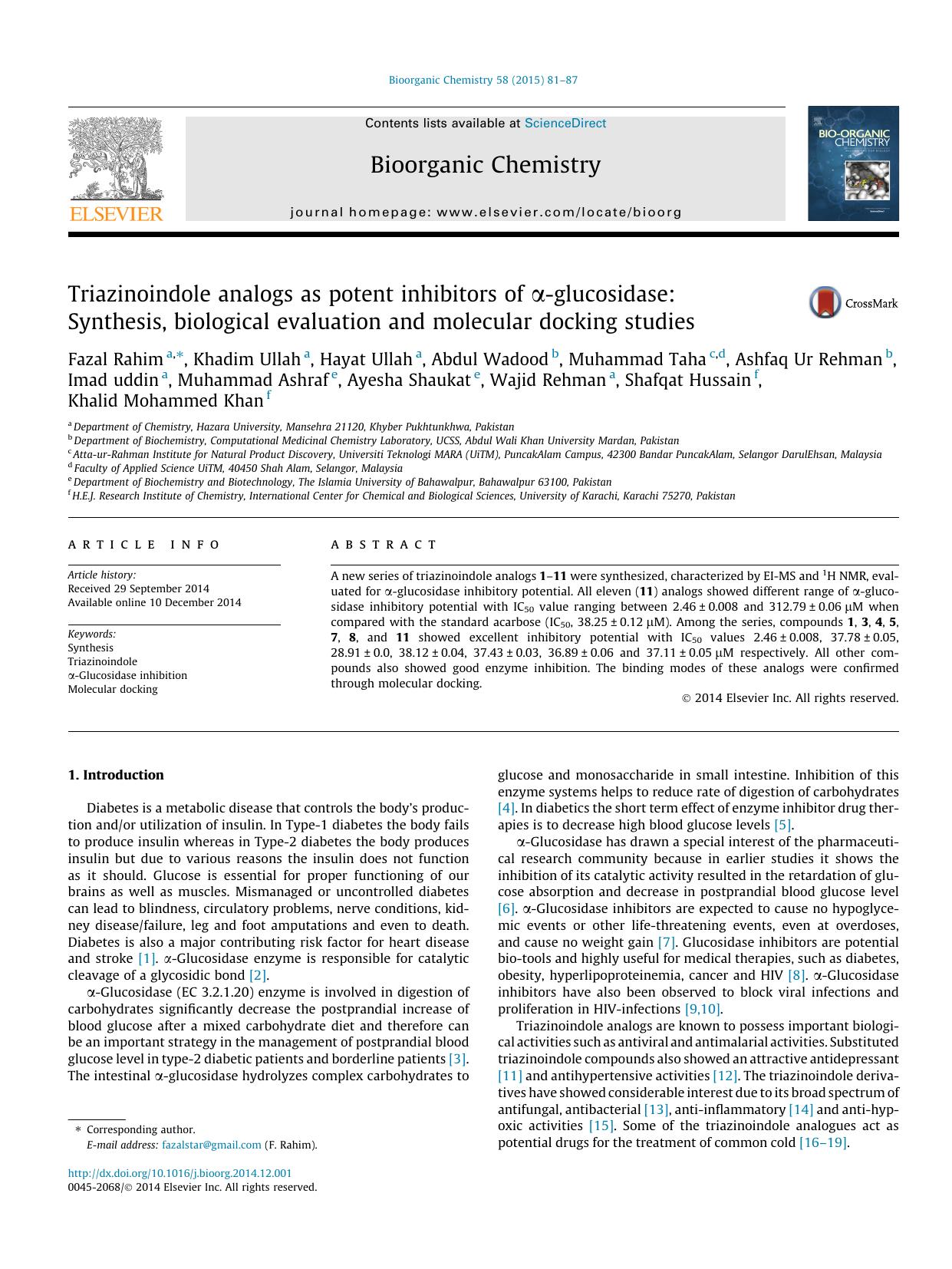 Triazinoindole analogs as potent inhibitors of ÃÂ±-glucosidase: Synthesis, biological evaluation and molecular docking studies by unknow