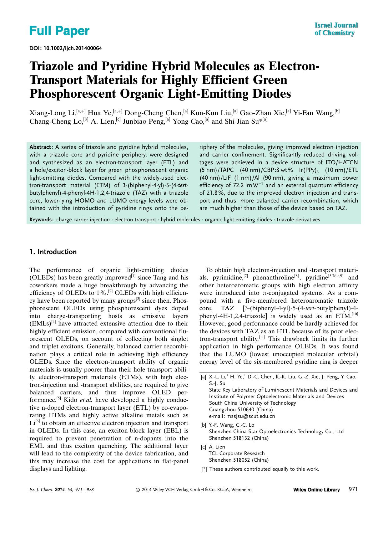 Triazole and Pyridine Hybrid Molecules as ElectronTransport Materials for Highly Efficient Green Phosphorescent Organic LightEmitting Diodes by Unknown