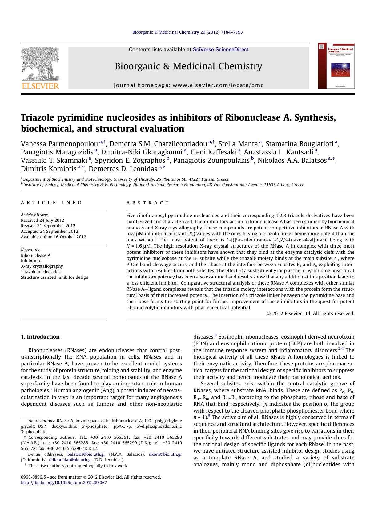 Triazole pyrimidine nucleosides as inhibitors of Ribonuclease A. Synthesis, biochemical, and structural evaluation by unknow