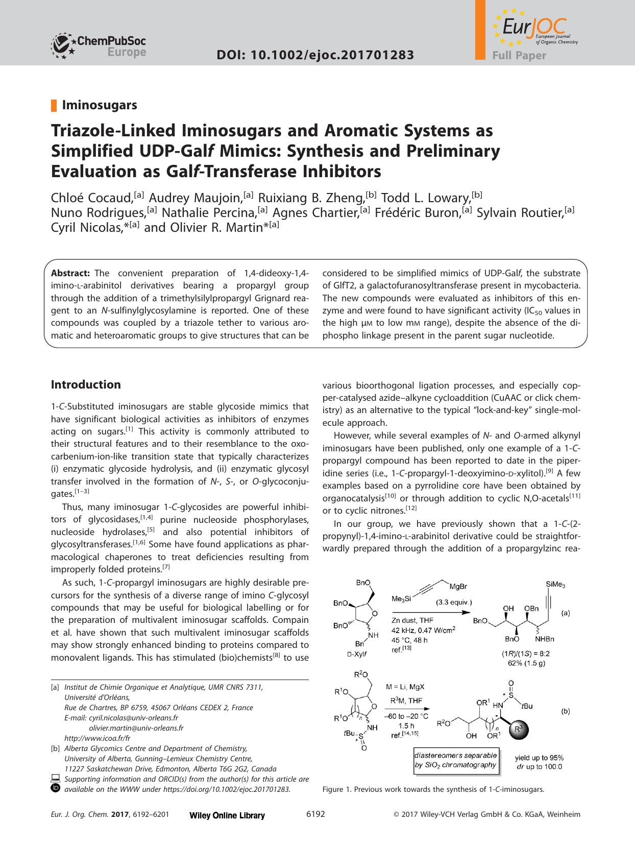 Triazole‐Linked Iminosugars and Aromatic Systems as Simplified UDP‐Gal<i>f<i> Mimics: Synthesis and Preliminary Evaluation as Gal<i>f<i>‐Transferase Inhibitors by Unknown