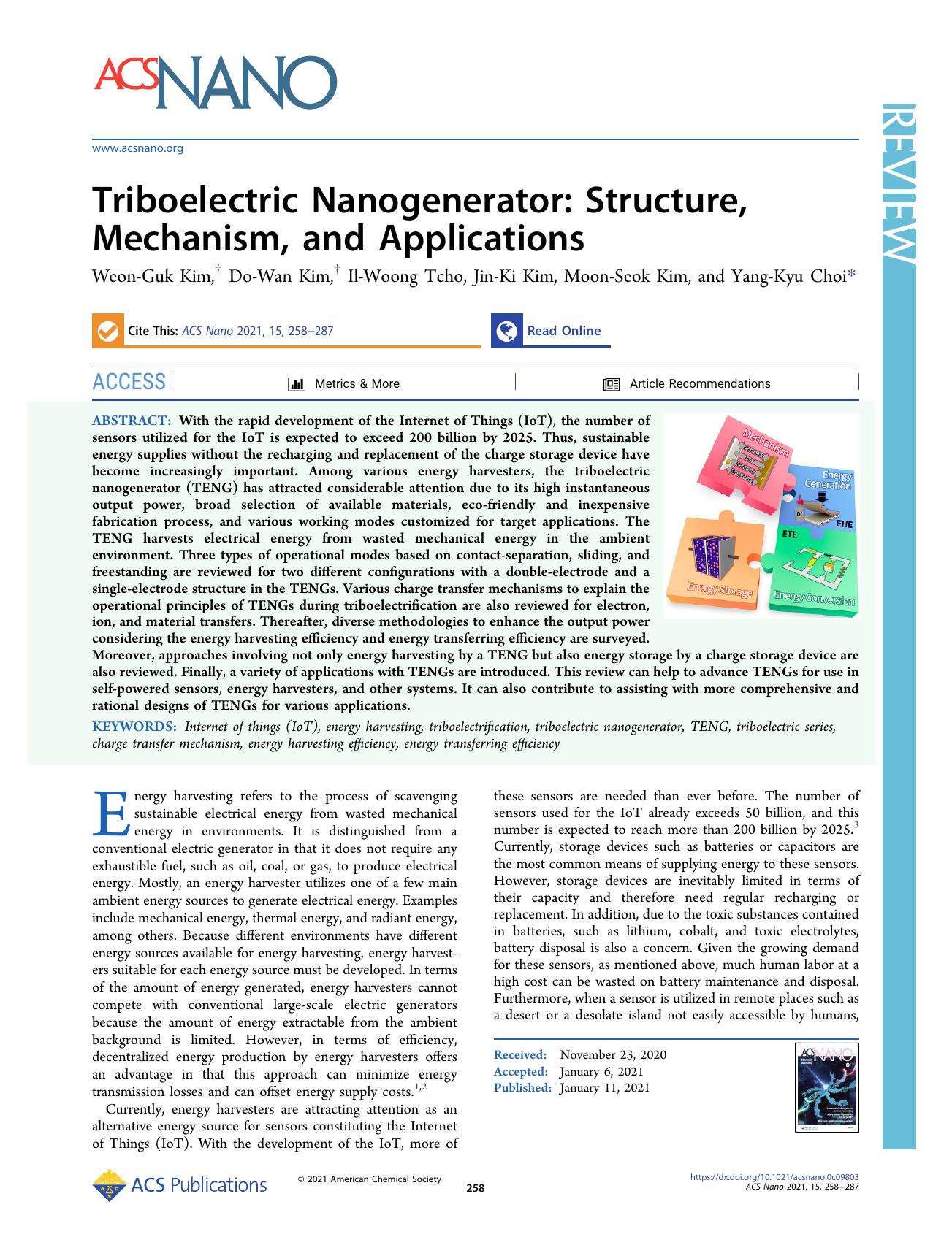 Triboelectric Nanogenerator: Structure, Mechanism, and Applications by Weon-Guk Kim Do-Wan Kim Il-Woong Tcho Jin-Ki Kim Moon-Seok Kim and Yang-Kyu Choi