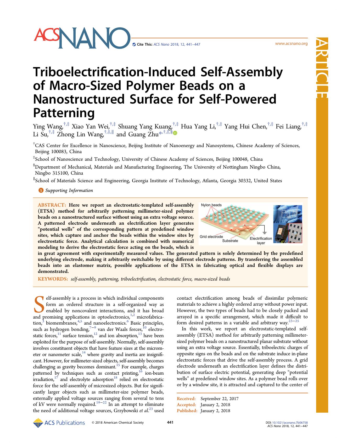Triboelectrification-Induced Self-Assembly of Macro-Sized Polymer Beads on a Nanostructured Surface for Self-Powered Patterning by unknow