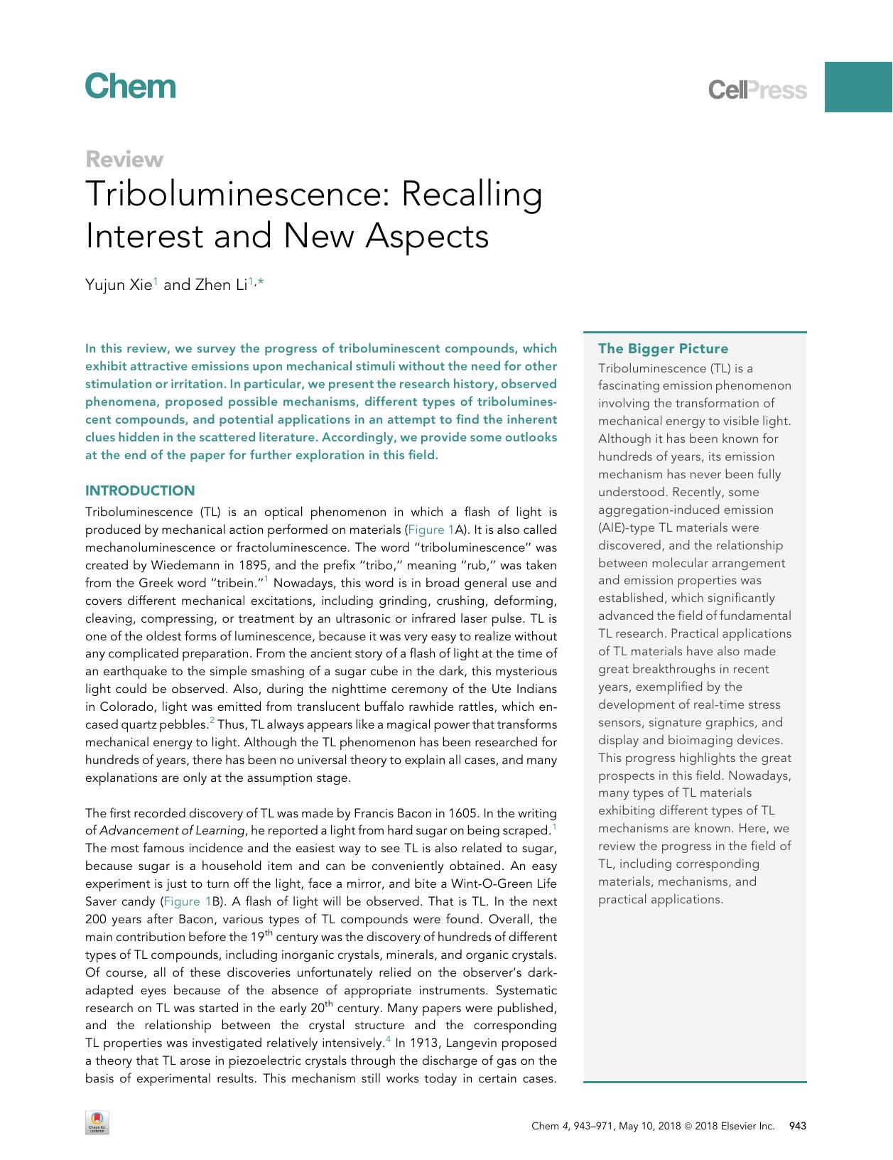 Triboluminescence: Recalling Interest and New Aspects by Yujun Xie & Zhen Li