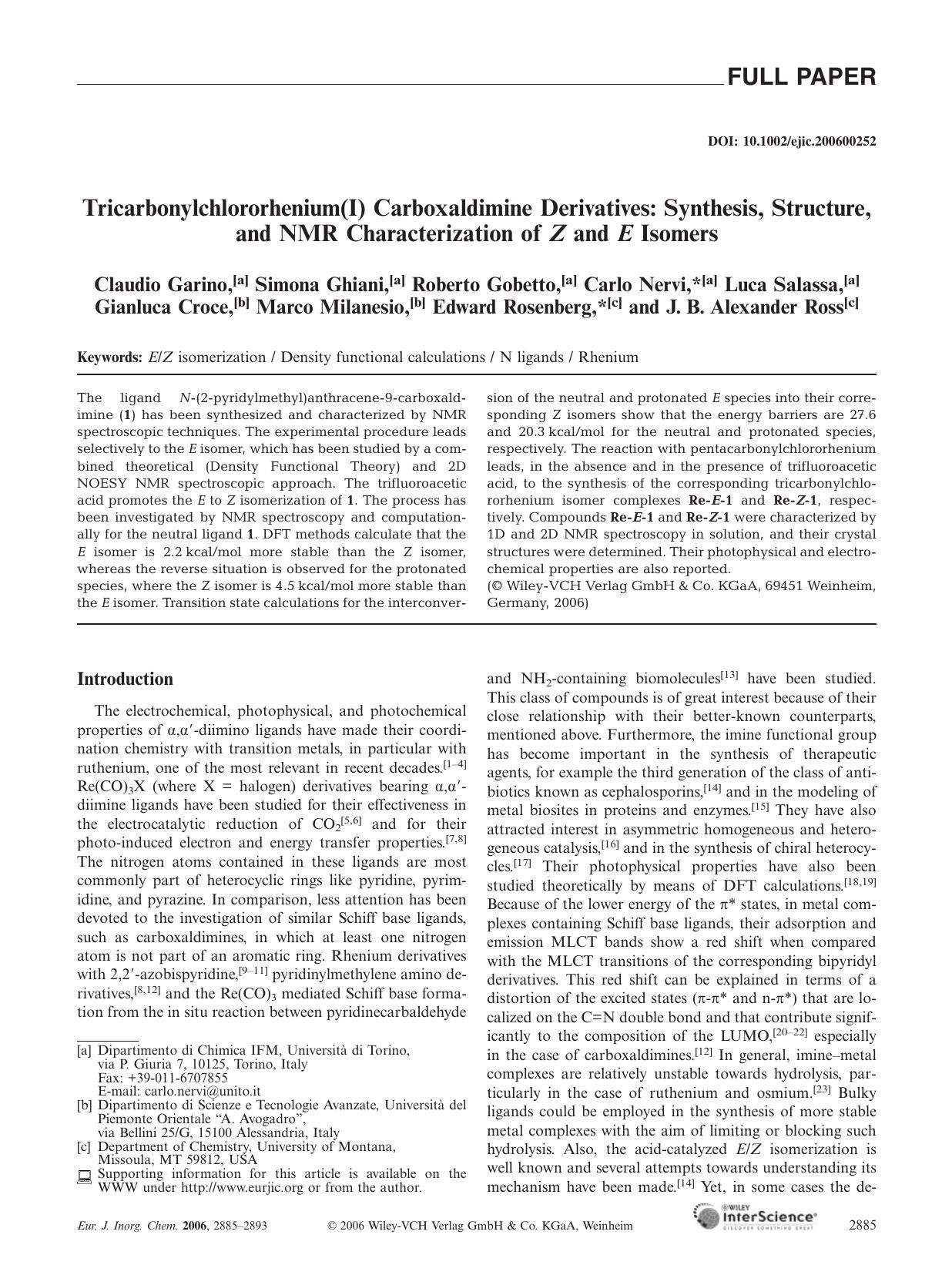 Tricarbonylchlororhenium(I) Carboxaldimine Derivatives: Synthesis, Structure, and NMR Characterization of Z and E Isomers by Unknown