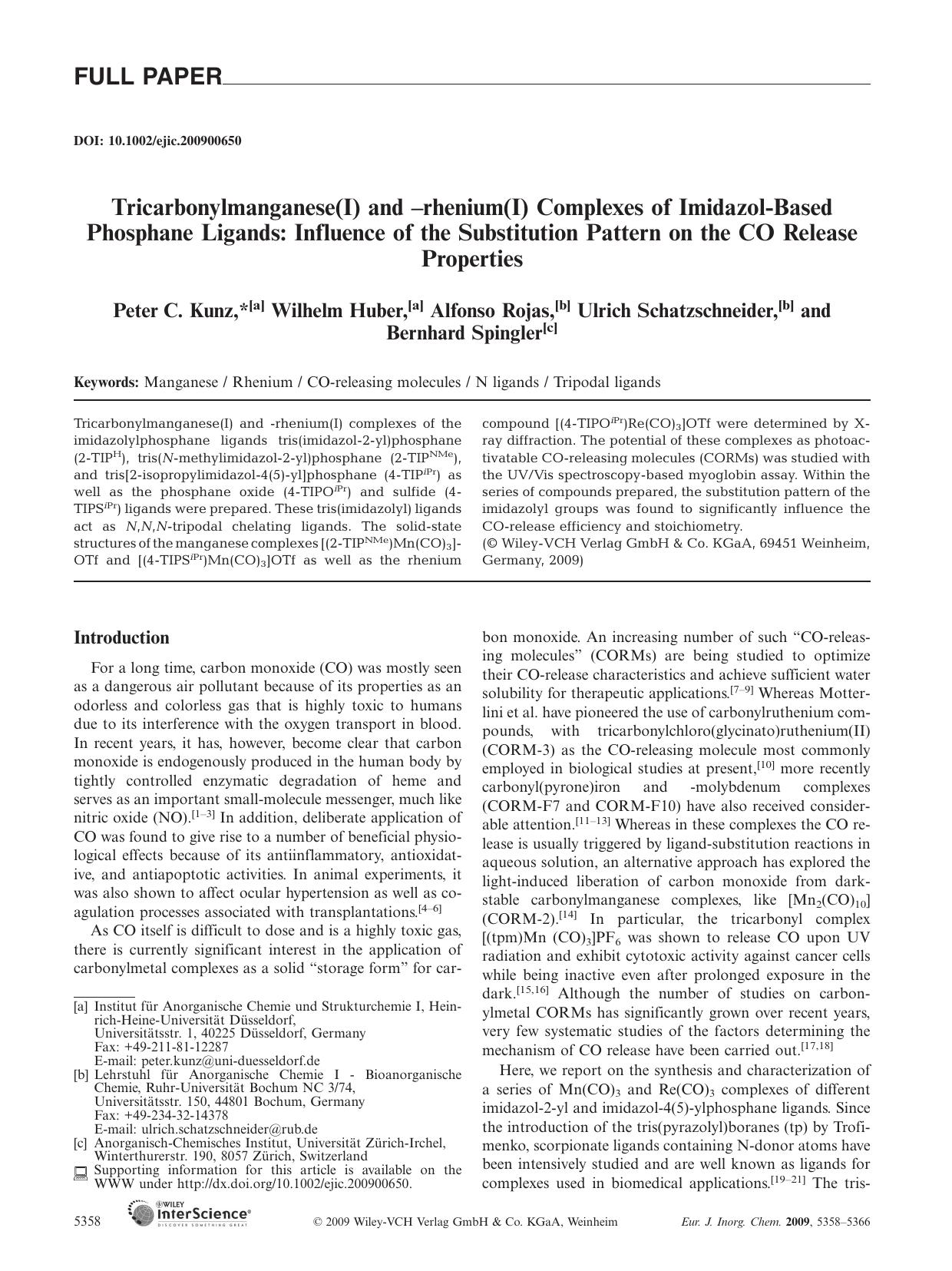 Tricarbonylmanganese(I) and -rhenium(I) Complexes of Imidazol-Based Phosphane Ligands: Influence of the Substitution Pattern on the CO Release Properties by Unknown