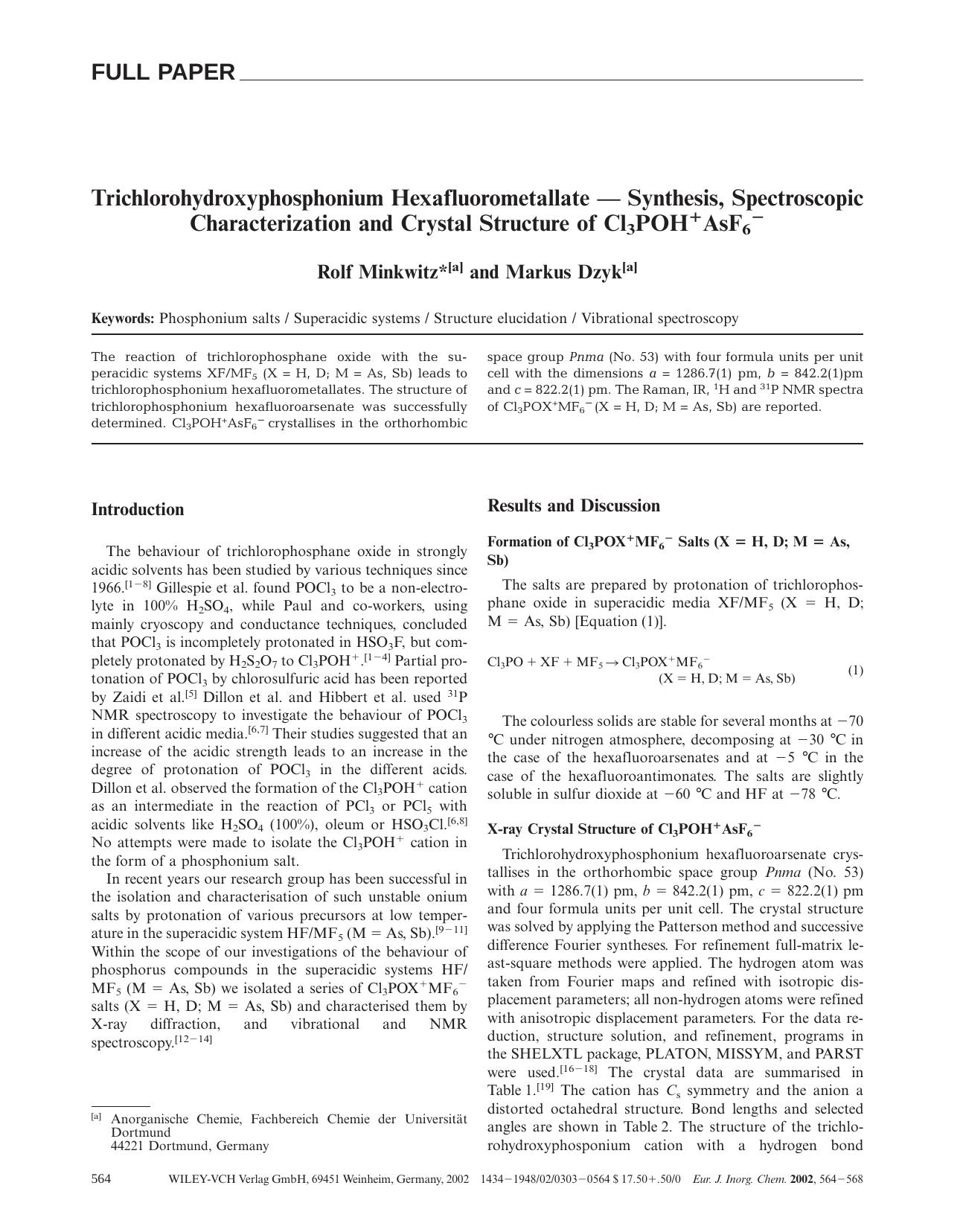 Trichlorohydroxyphosphonium Hexafluorometallate - Synthesis, Spectroscopic Characterization and Crystal Structure of Cl3POH+AsF6- by Unknown