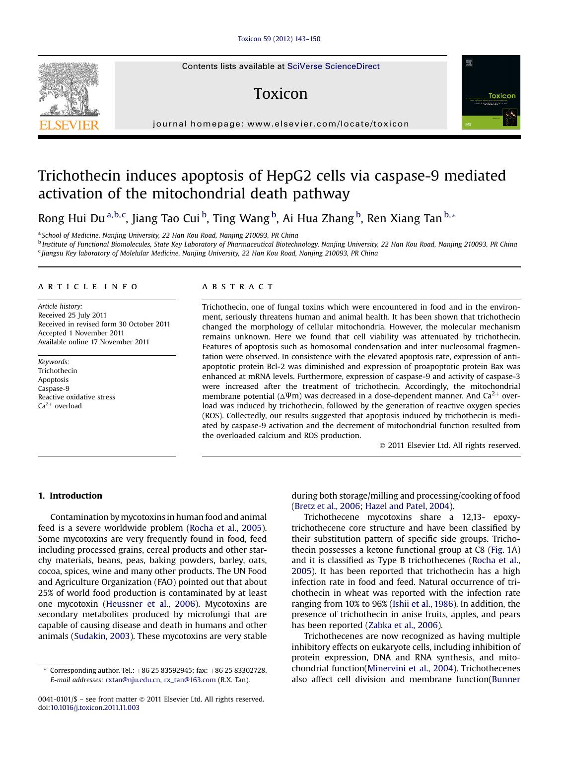 Trichothecin induces apoptosis of HepG2 cells via caspase-9 mediated activation of the mitochondrial death pathway by Rong Hui Du & Jiang Tao Cui & Ting Wang & Ai Hua Zhang & Ren Xiang Tan
