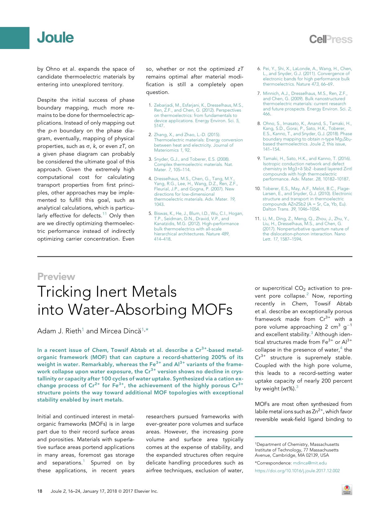Tricking Inert Metals into Water-Absorbing MOFs by Adam J. Rieth & Mircea Dincă