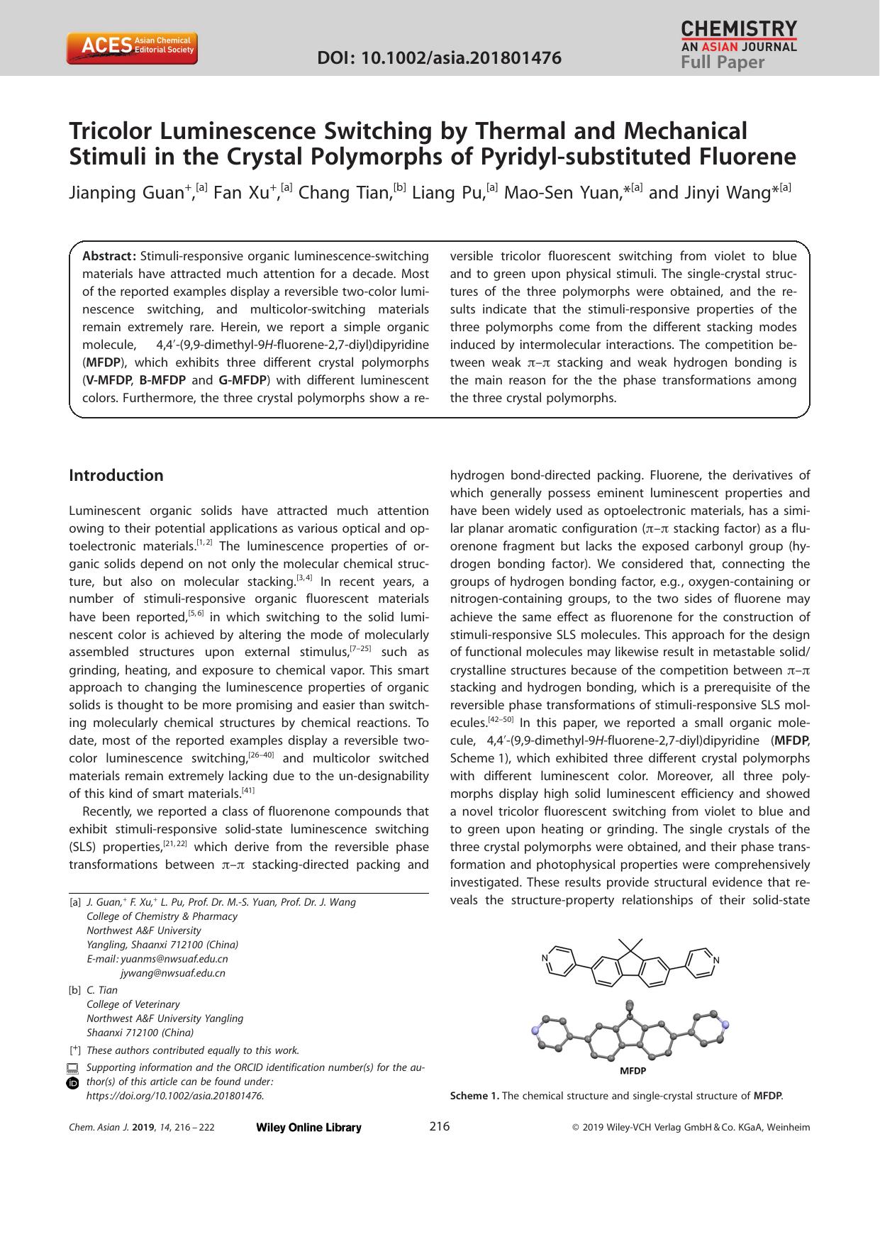 Tricolor Luminescence Switching by Thermal and Mechanical Stimuli in the Crystal Polymorphs of Pyridylâsubstituted Fluorene by Unknown