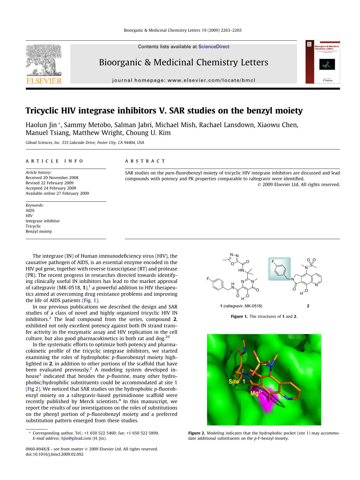 Tricyclic HIV integrase inhibitors V. SAR studies on the benzyl moiety by unknow