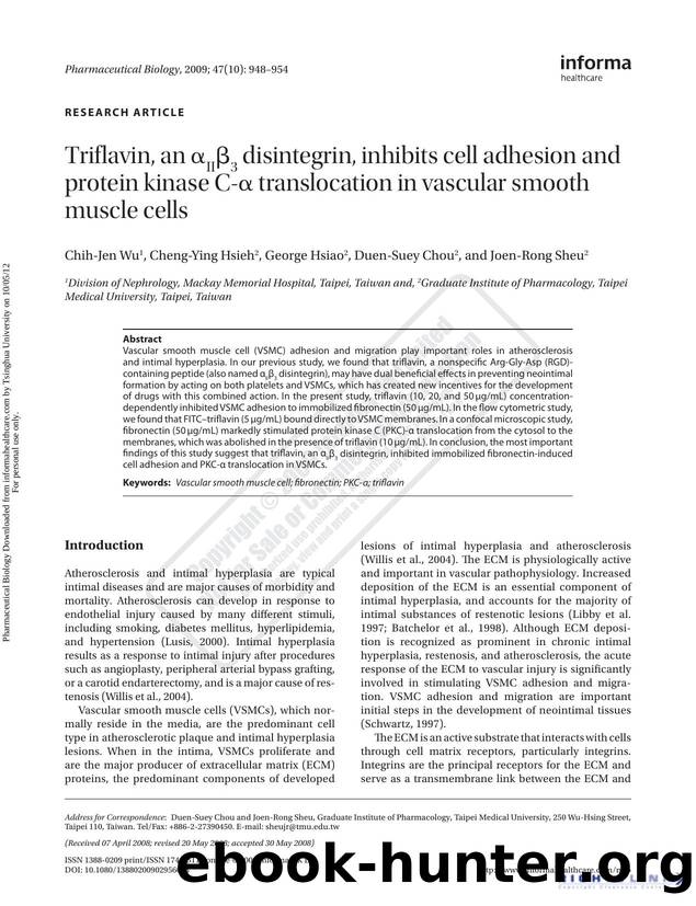 Triflavin, an Î±IIÎ²3 disintegrin, inhibits cell adhesion and protein kinase C-Î± translocation in vascular smooth muscle cells by Chih-Jen Wu Cheng-Ying Hsieh George Hsiao Duen-Suey Chou & Joen-Rong Sheu