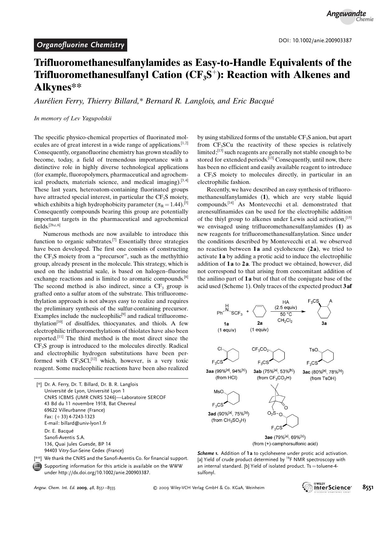 Trifluoromethanesulfanylamides as Easy-to-Handle Equivalents of the Trifluoromethanesulfanyl Cation (CF3S+): Reaction with Alkenes and Alkynes by Unknown