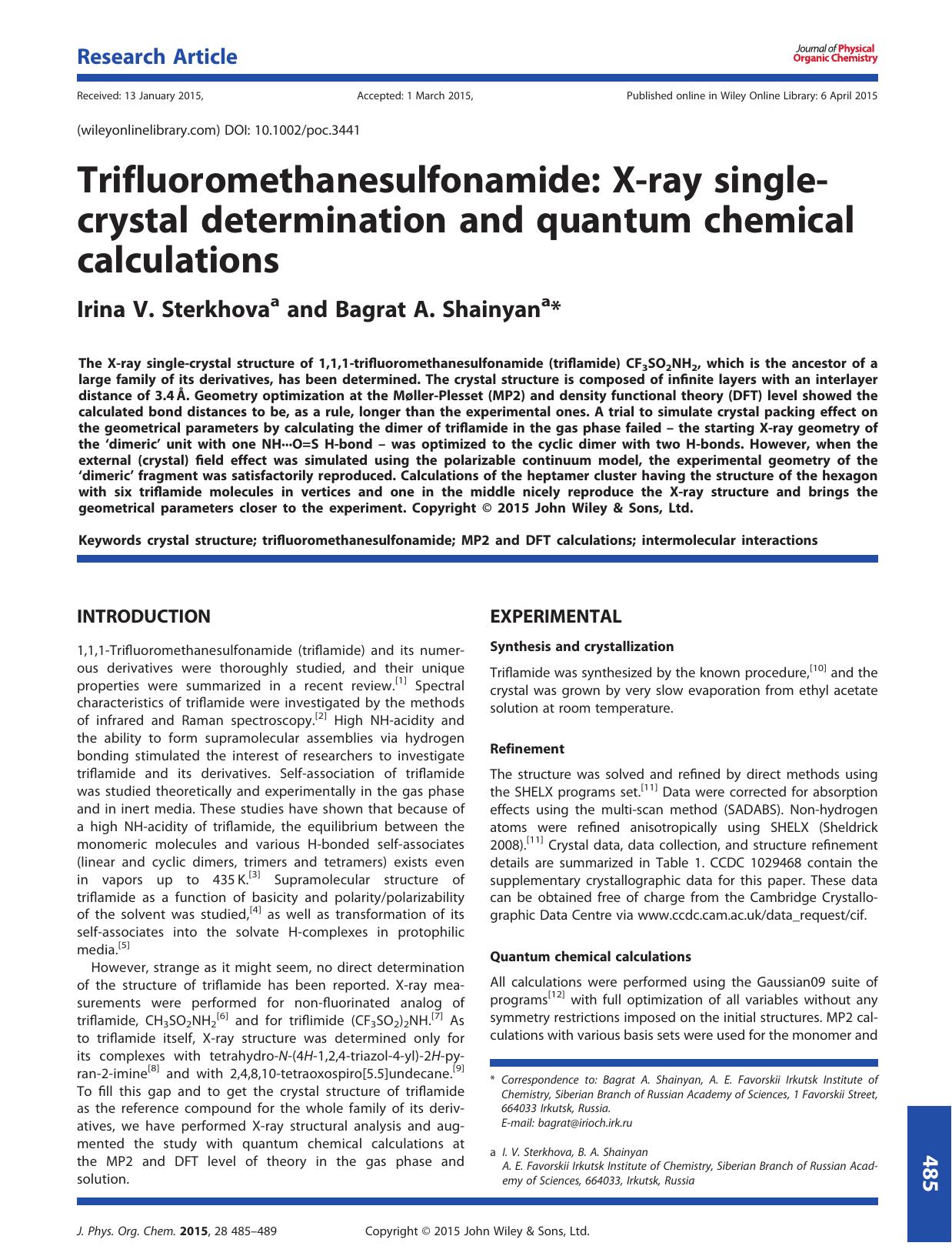 Trifluoromethanesulfonamide: X-ray single-crystal determination and quantum chemical calculations by Irina V. Sterkhova and Bagrat A. Shainyan