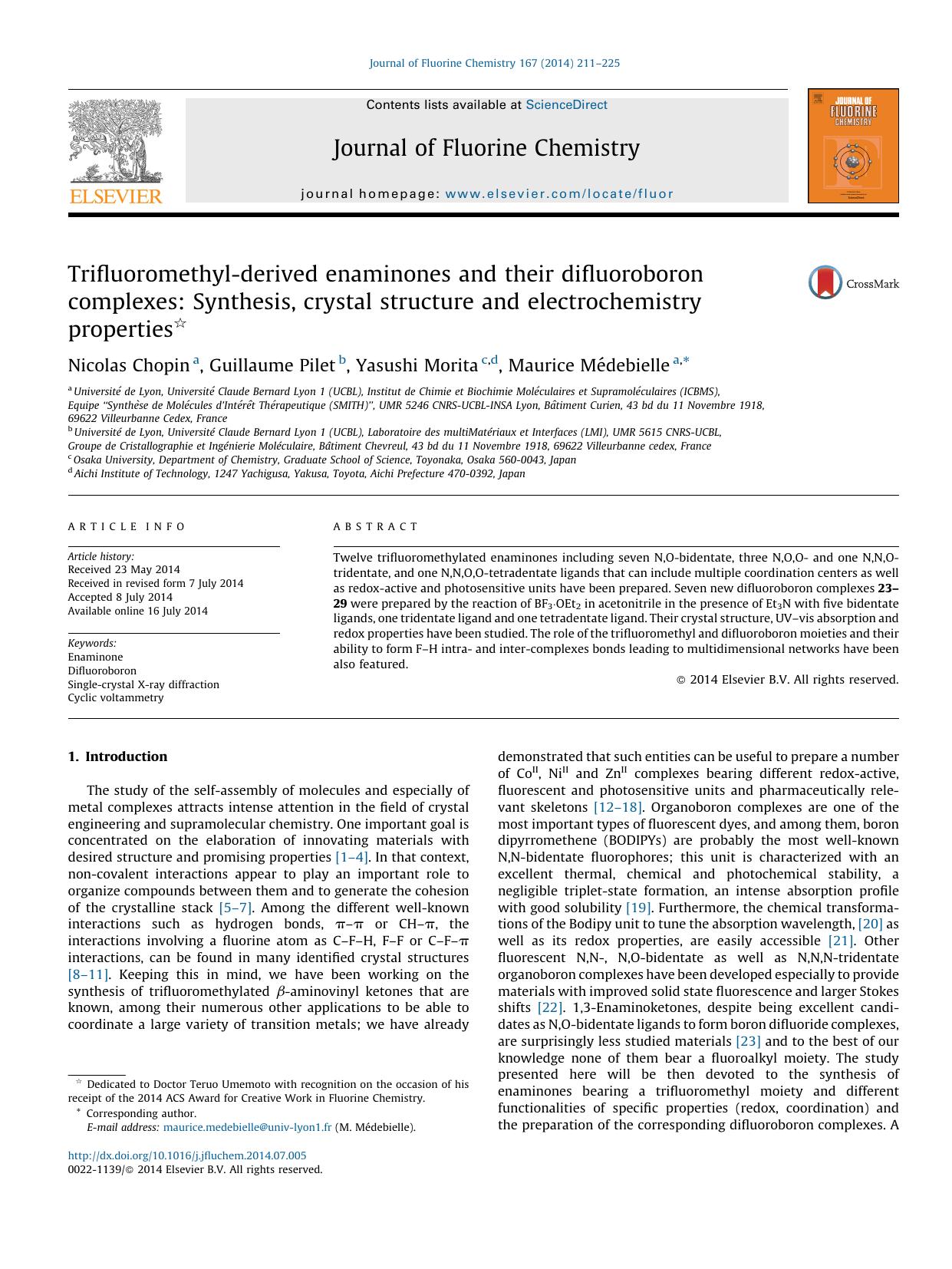 Trifluoromethyl-derived enaminones and their difluoroboron complexes: Synthesis, crystal structure and electrochemistry properties by Nicolas Chopin & Guillaume Pilet & Yasushi Morita & Maurice Médebielle