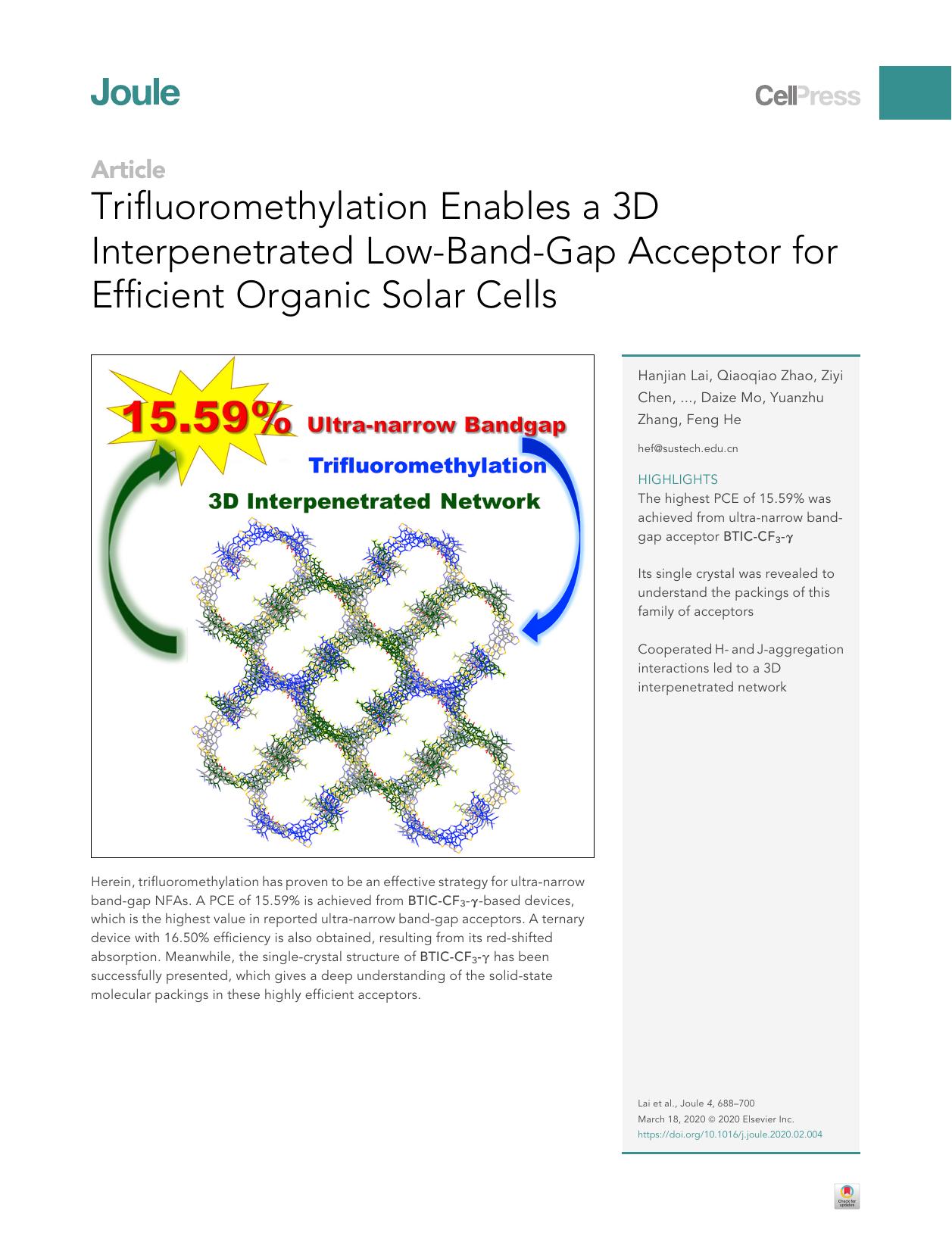 Trifluoromethylation Enables a 3D Interpenetrated Low-Band-Gap Acceptor for Efficient Organic Solar Cells by unknow