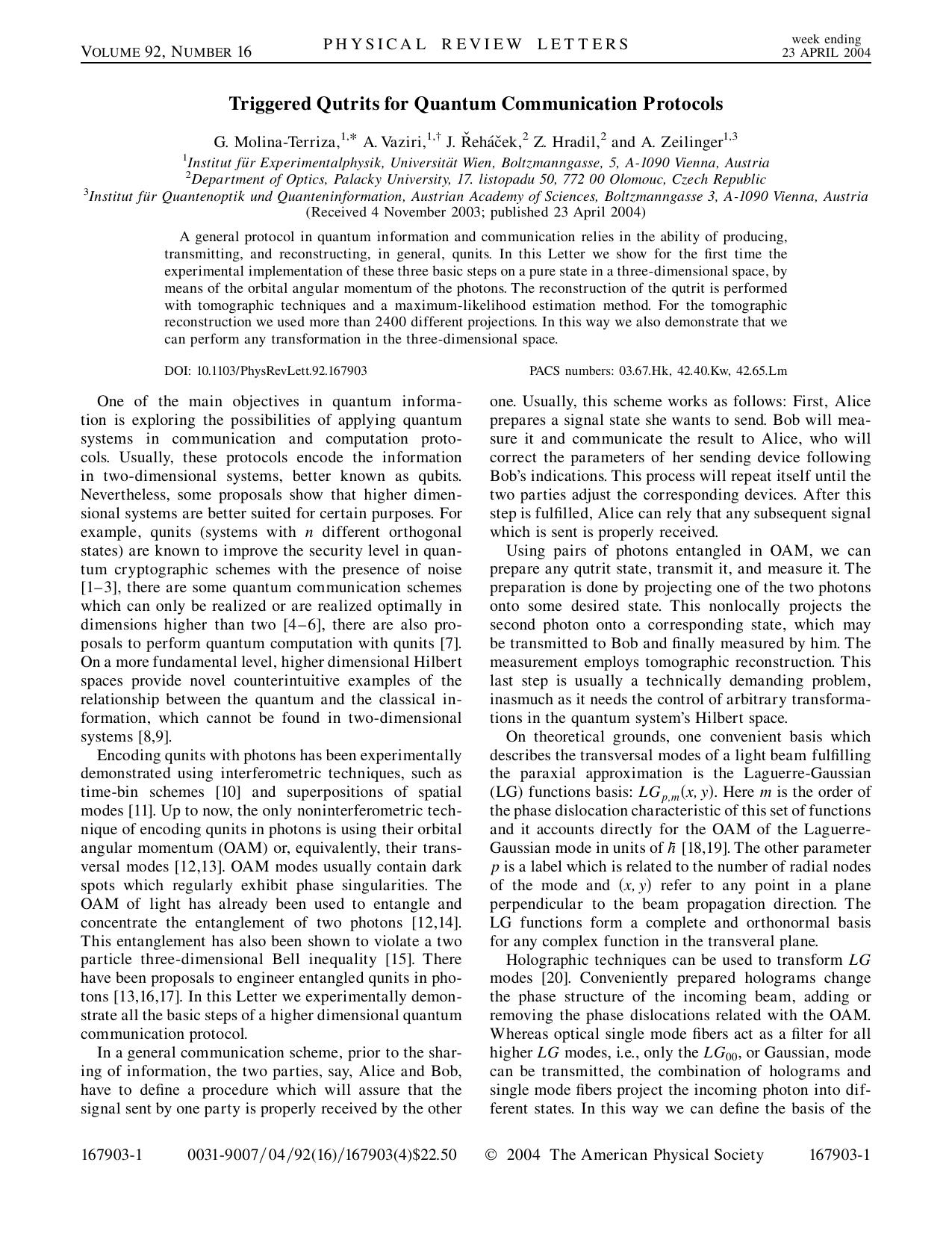 Triggered Qutrits for Quantum Communication Protocols (2004) by Unknown