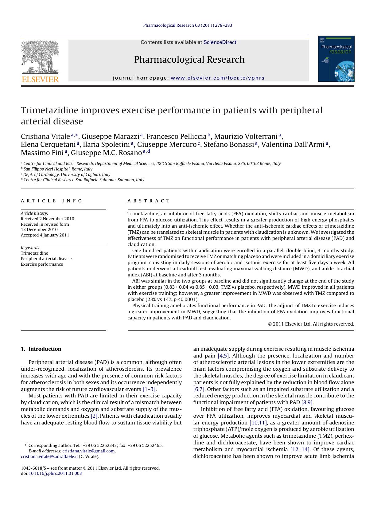 Trimetazidine improves exercise performance in patients with peripheral arterial disease by Cristiana Vitale