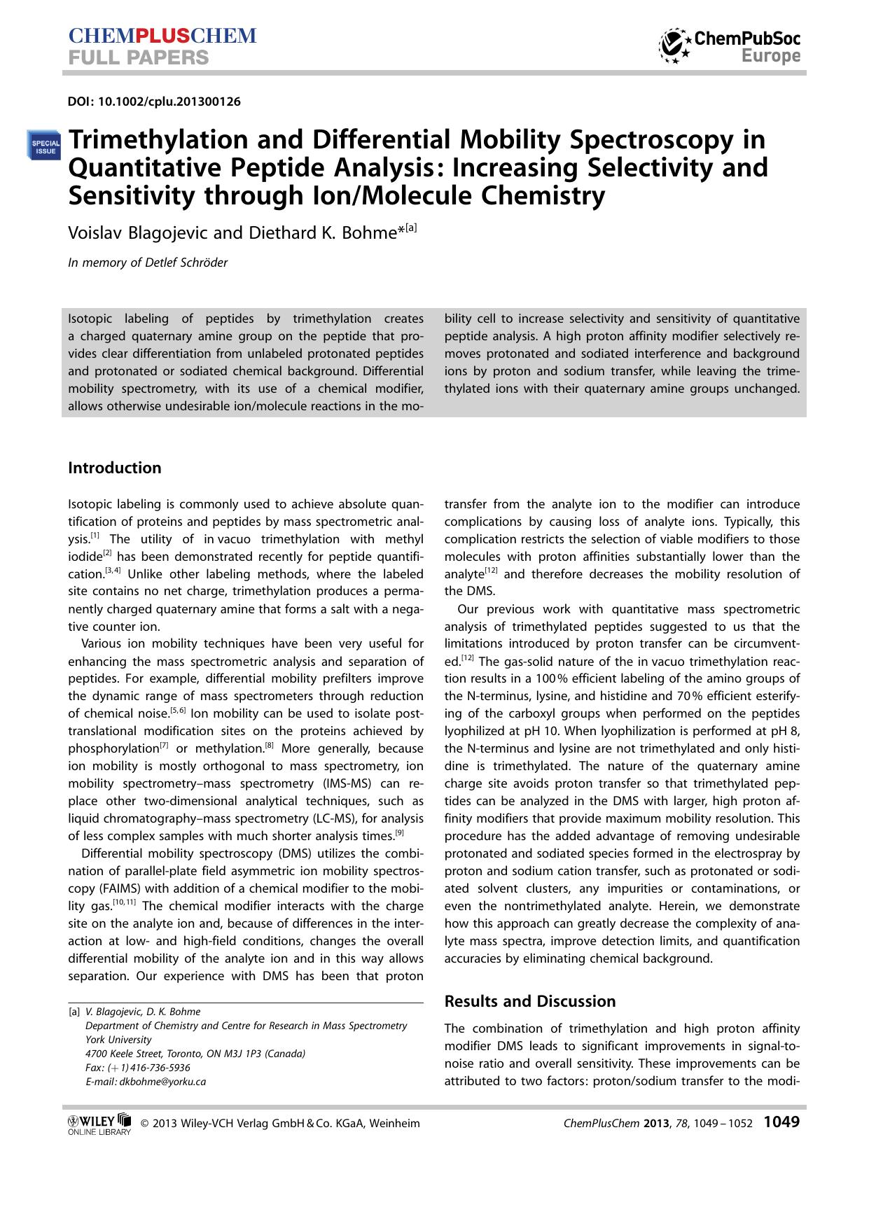 Trimethylation and Differential Mobility Spectroscopy in Quantitative Peptide Analysis: Increasing Selectivity and Sensitivity through IonMolecule Chemistry by Unknown