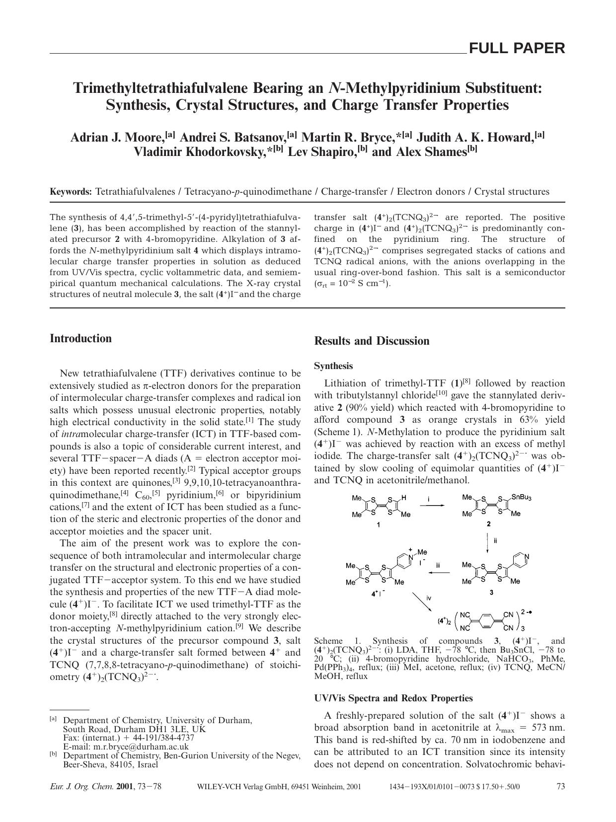 Trimethyltetrathiafulvalene Bearing an N-Methylpyridinium Substituent: Synthesis, Crystal Structures, and Charge Transfer Properties by Unknown