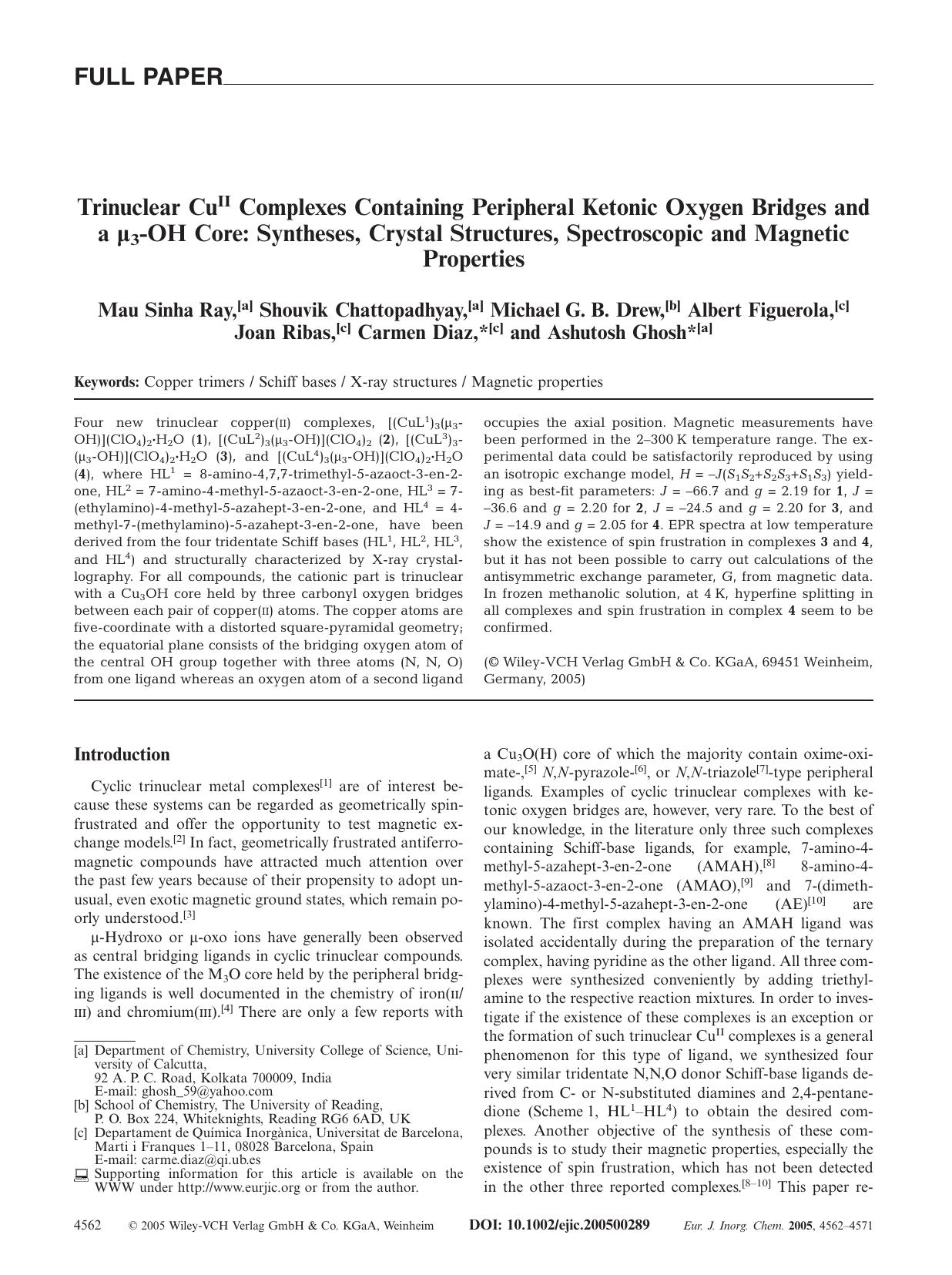 Trinuclear CuII Complexes Containing Peripheral Ketonic Oxygen Bridges and a Âµ3-OH Core: Syntheses, Crystal Structures, Spectroscopic and Magnetic Properties by Unknown