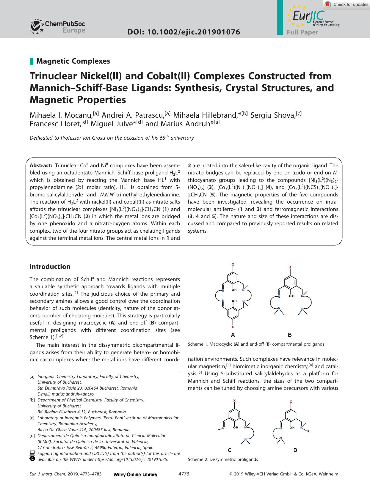 Trinuclear Nickel(II) and Cobalt(II) Complexes Constructed from MannichâSchiffâBase Ligands: Synthesis, Crystal Structures, and Magnetic Properties by Unknown