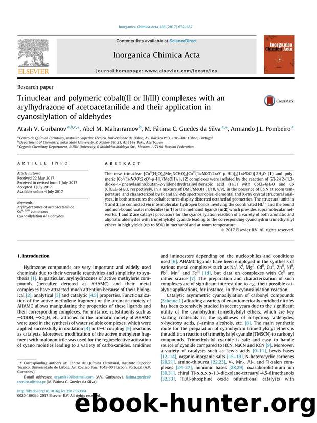 Trinuclear and polymeric cobalt(II or IIIII) complexes with an arylhydrazone of acetoacetanilide and their application in cyanosilylation of aldehydes by Atash V. Gurbanov & Abel M. Maharramov & M. Fátima C. Guedes da Silva & Armando J.L. Pombeiro