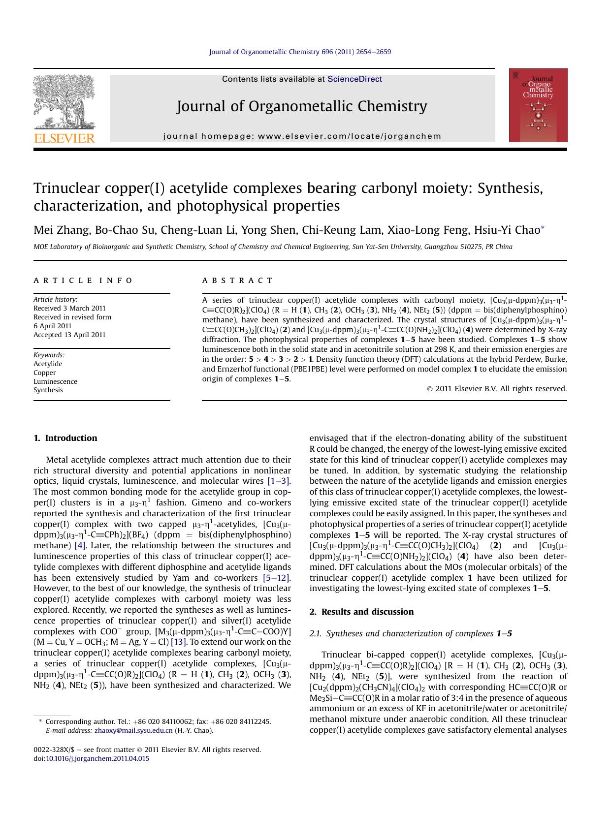 Trinuclear copper(I) acetylide complexes bearing carbonyl moiety: Synthesis, characterization, and photophysical properties by Mei Zhang & Bo-Chao Su & Cheng-Luan Li & Yong Shen & Chi-Keung Lam & Xiao-Long Feng & Hsiu-Yi Chao