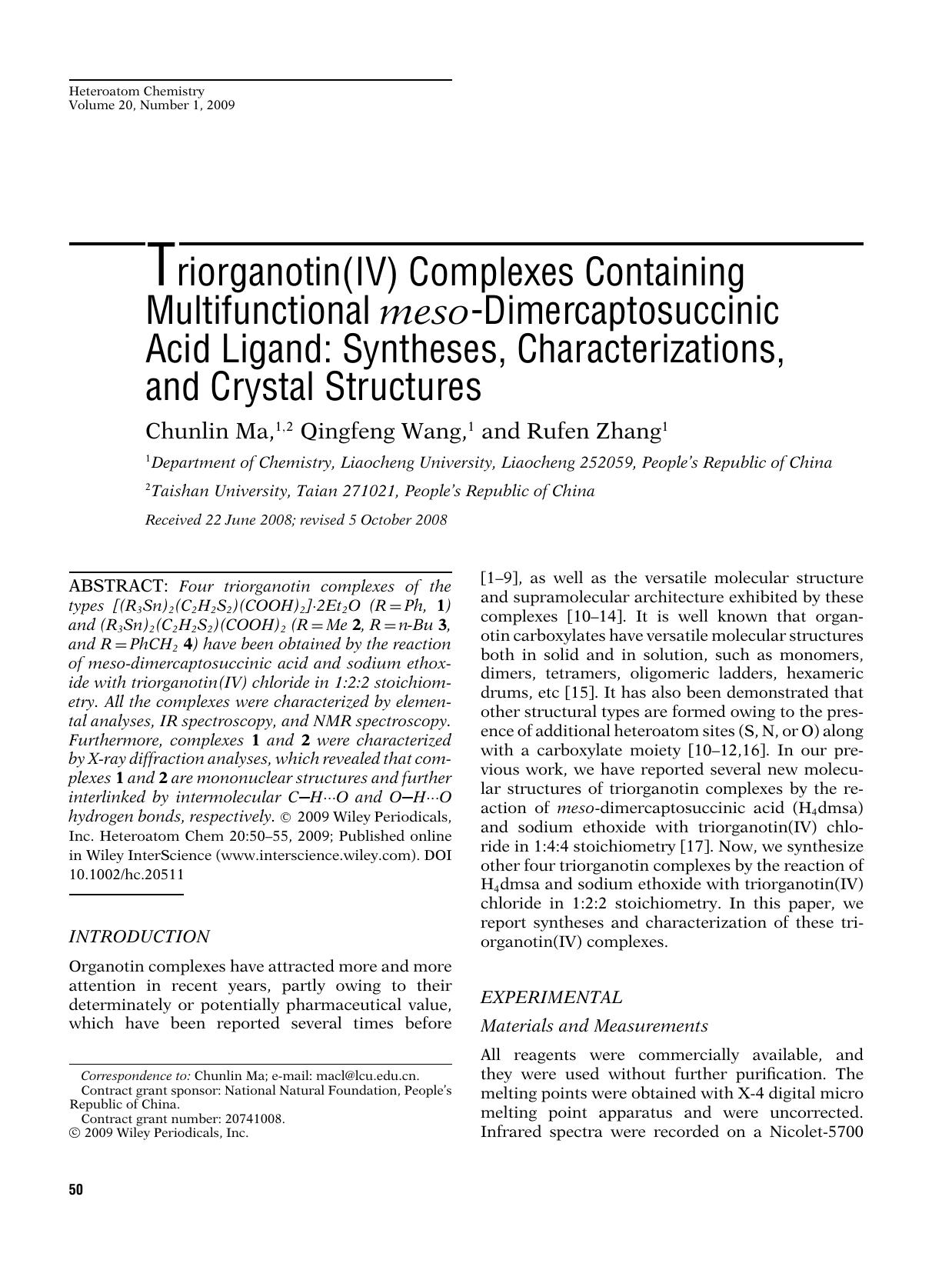 Triorganotin(IV) complexes containing multifunctional meso-dimercaptosuccinic acid ligand: Syntheses, characterizations, and crystal structures by Unknown