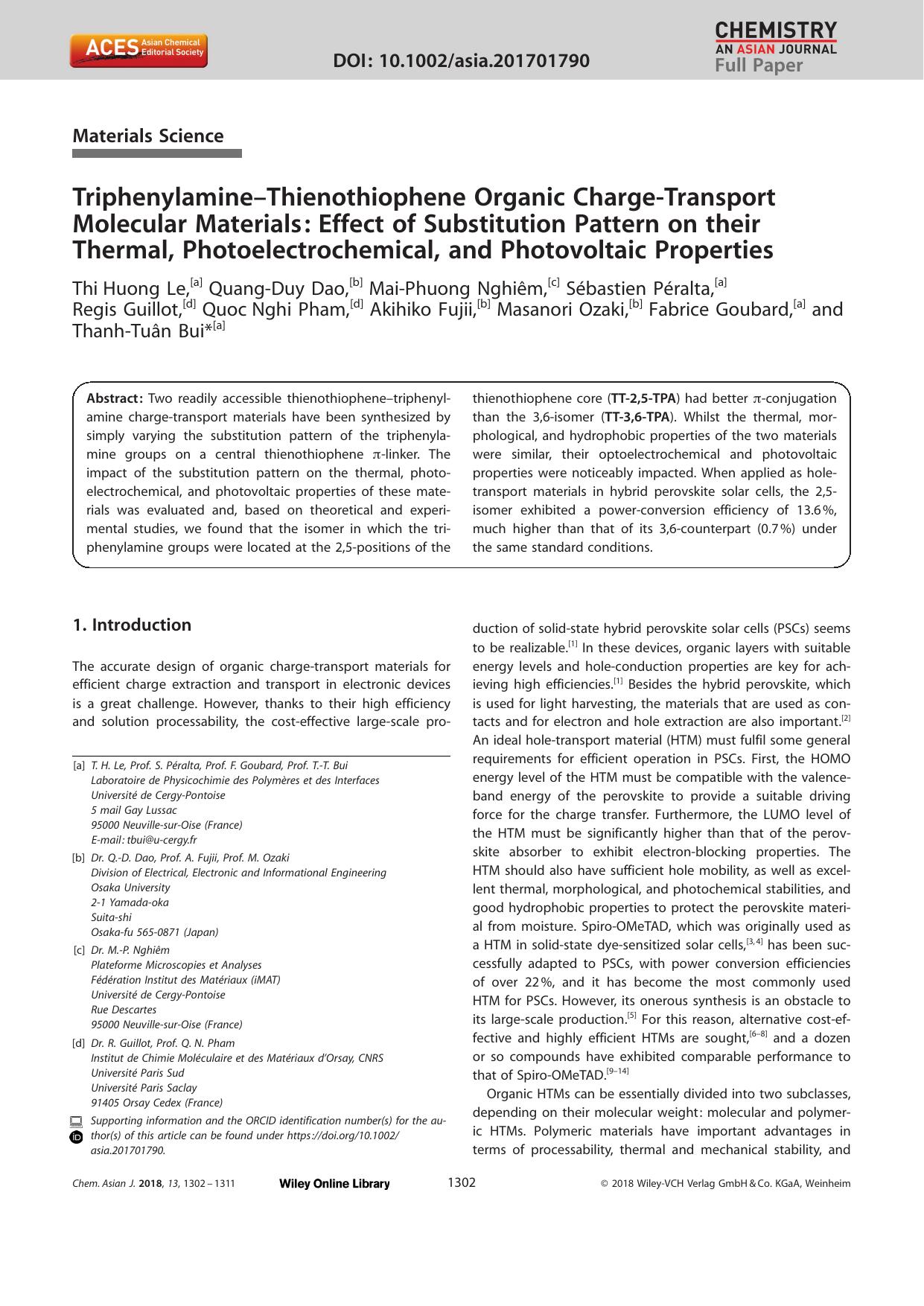 TriphenylamineâThienothiophene Organic ChargeâTransport Molecular Materials: Effect of Substitution Pattern on their Thermal, Photoelectrochemical, and Photovoltaic Properties by Unknown