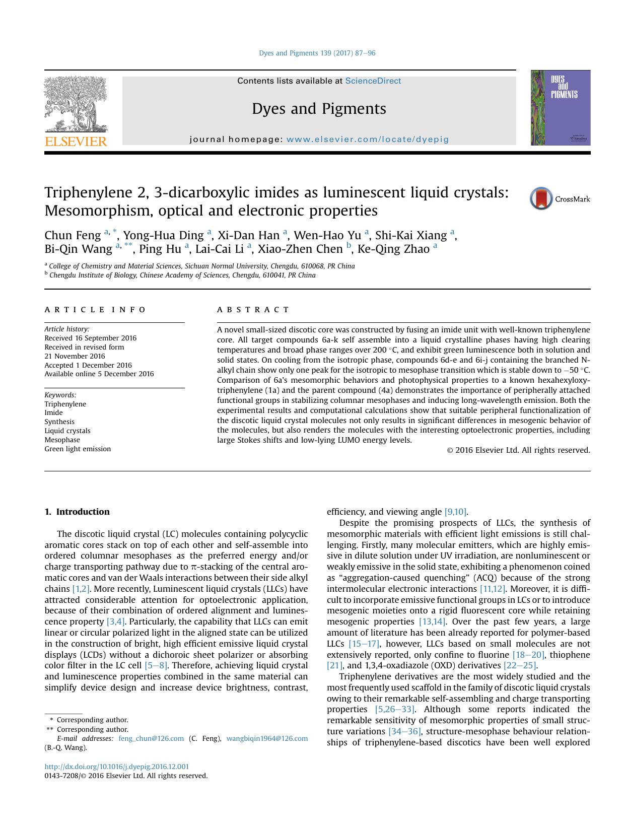 Triphenylene 2, 3-dicarboxylic imides as luminescent liquid crystals: Mesomorphism, optical and electronic properties by unknow
