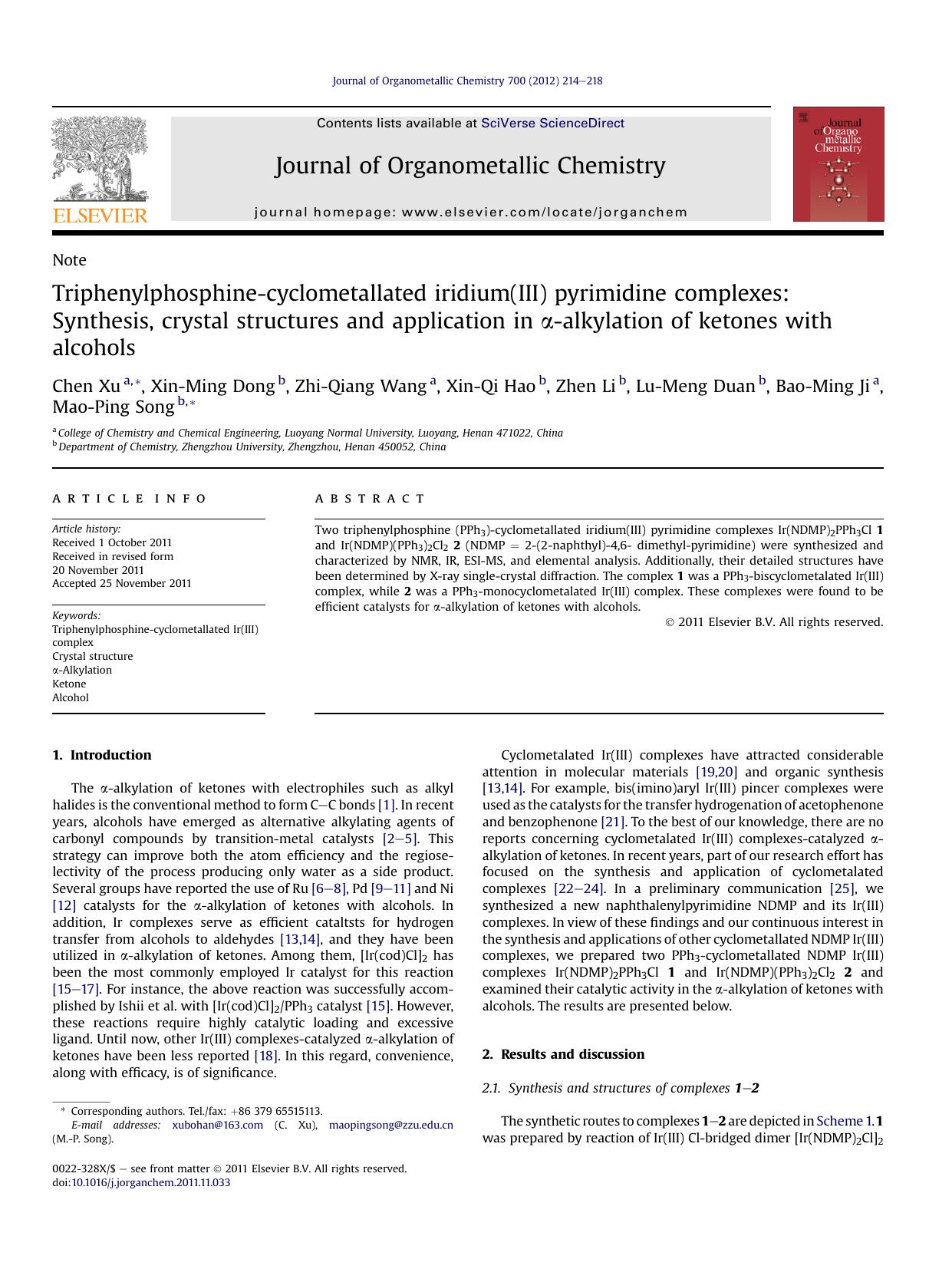 Triphenylphosphine-cyclometallated iridium(III) pyrimidine complexes: Synthesis, crystal structures and application in &alpha;-alkylation of ketones with alcohols by unknow